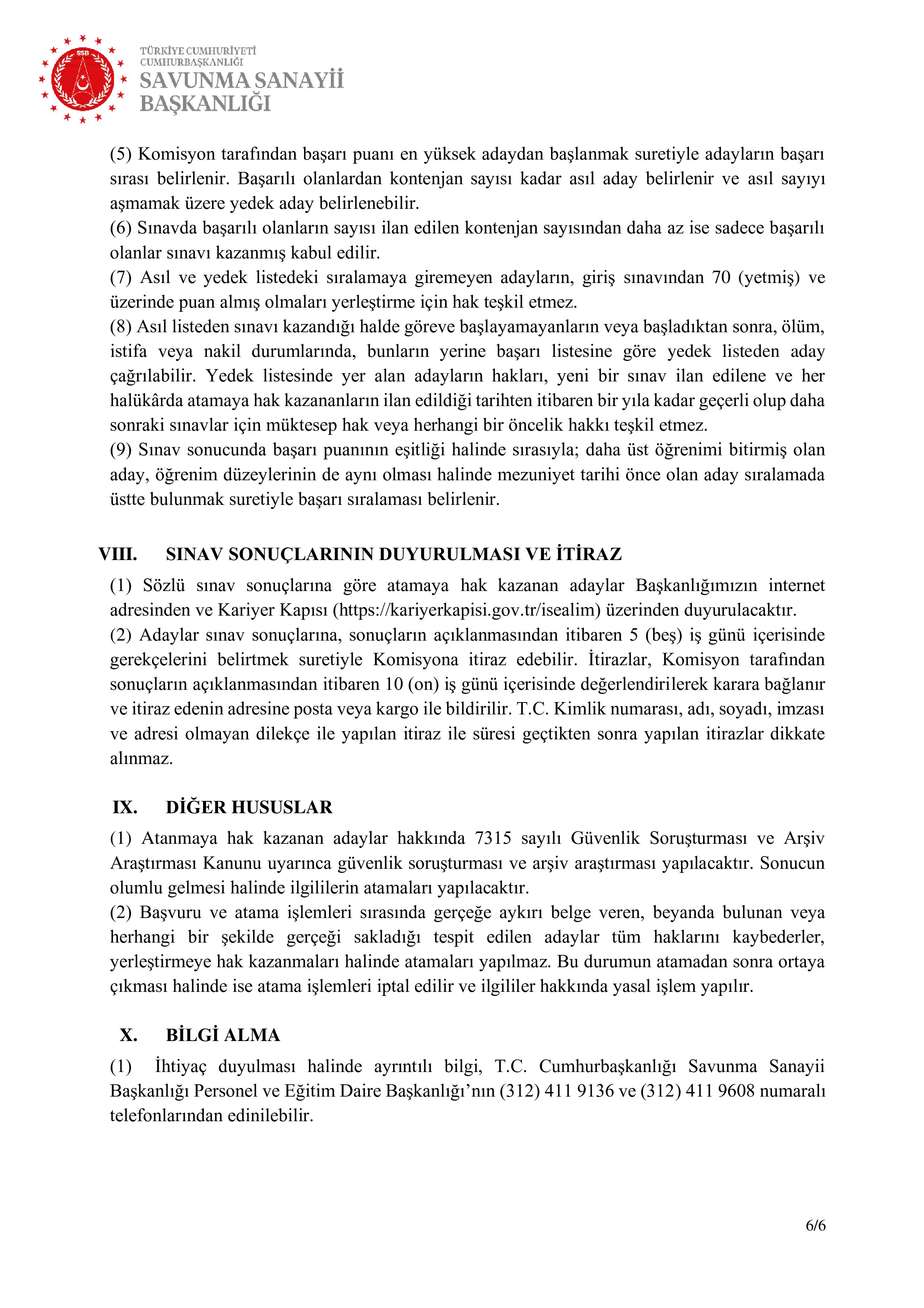 SAVUNMA SANAYİİ BAŞKANLIĞI 30 4/B SÖZLEŞMELİ PERSONEL ALACAK ( 15 Mayıs - 5 Haziran) İlan İçeriği Sayfa 6