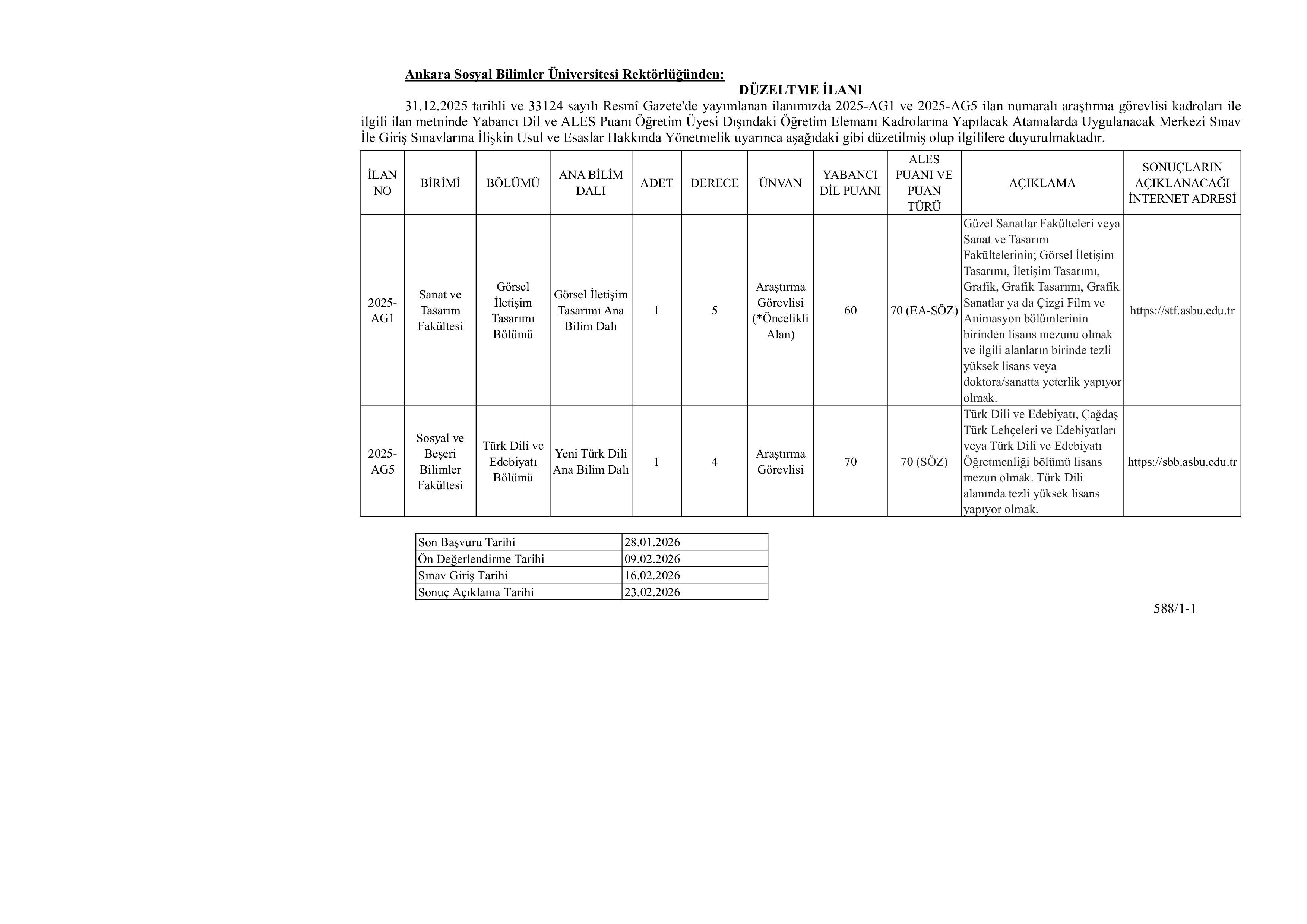 ANKARA SOSYAL BİLİMLER ÜNİVERSİTESİ DÜZELTME İLANI  ( 14 Ocak - 28 Ocak) İlan İçeriği Sayfa 1