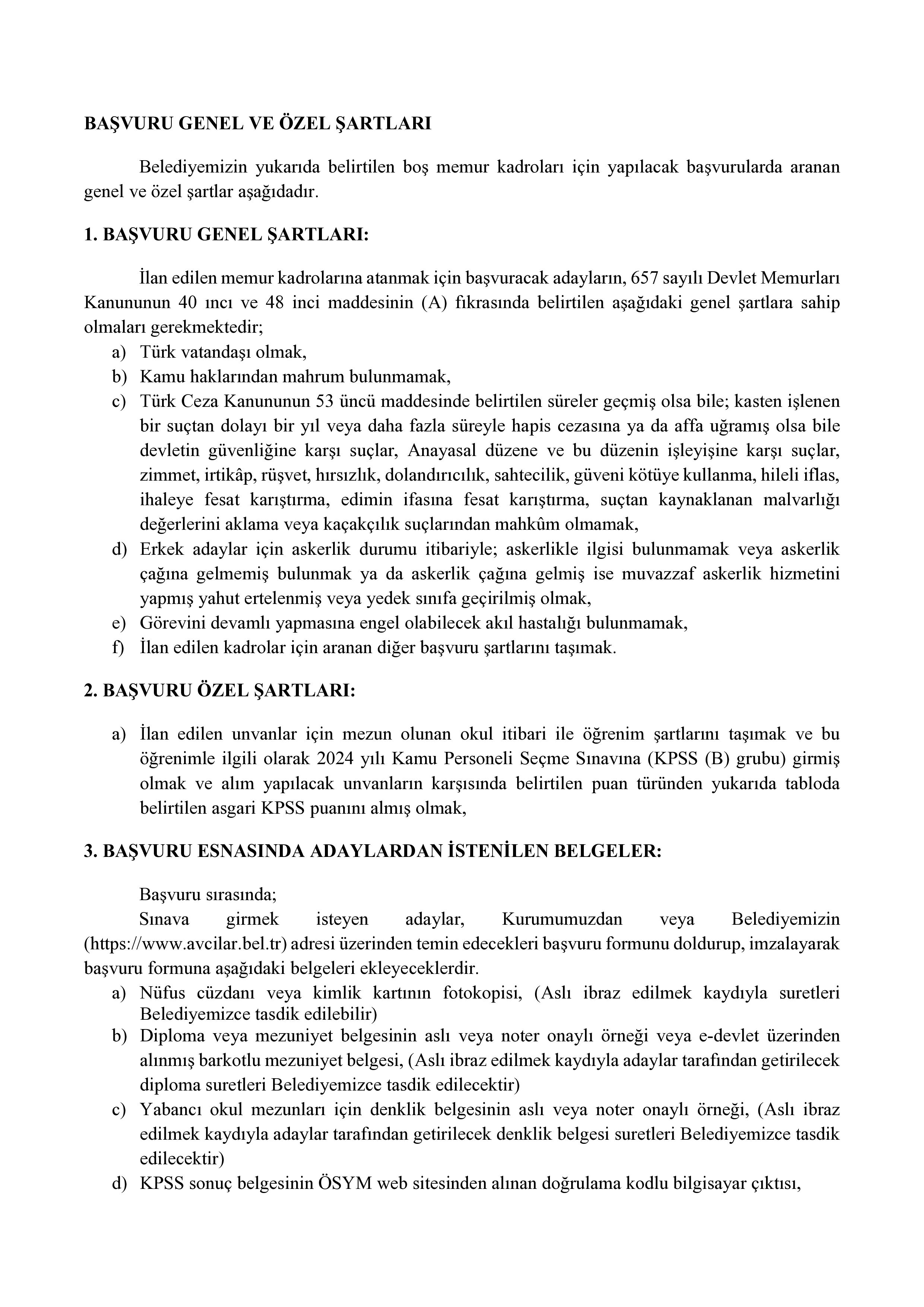AVCILAR BELEDİYE BAŞKANLIĞI 12 MEMUR ALACAK ( 26 Şubat - 4 Mart) İlan İçeriği Sayfa 2