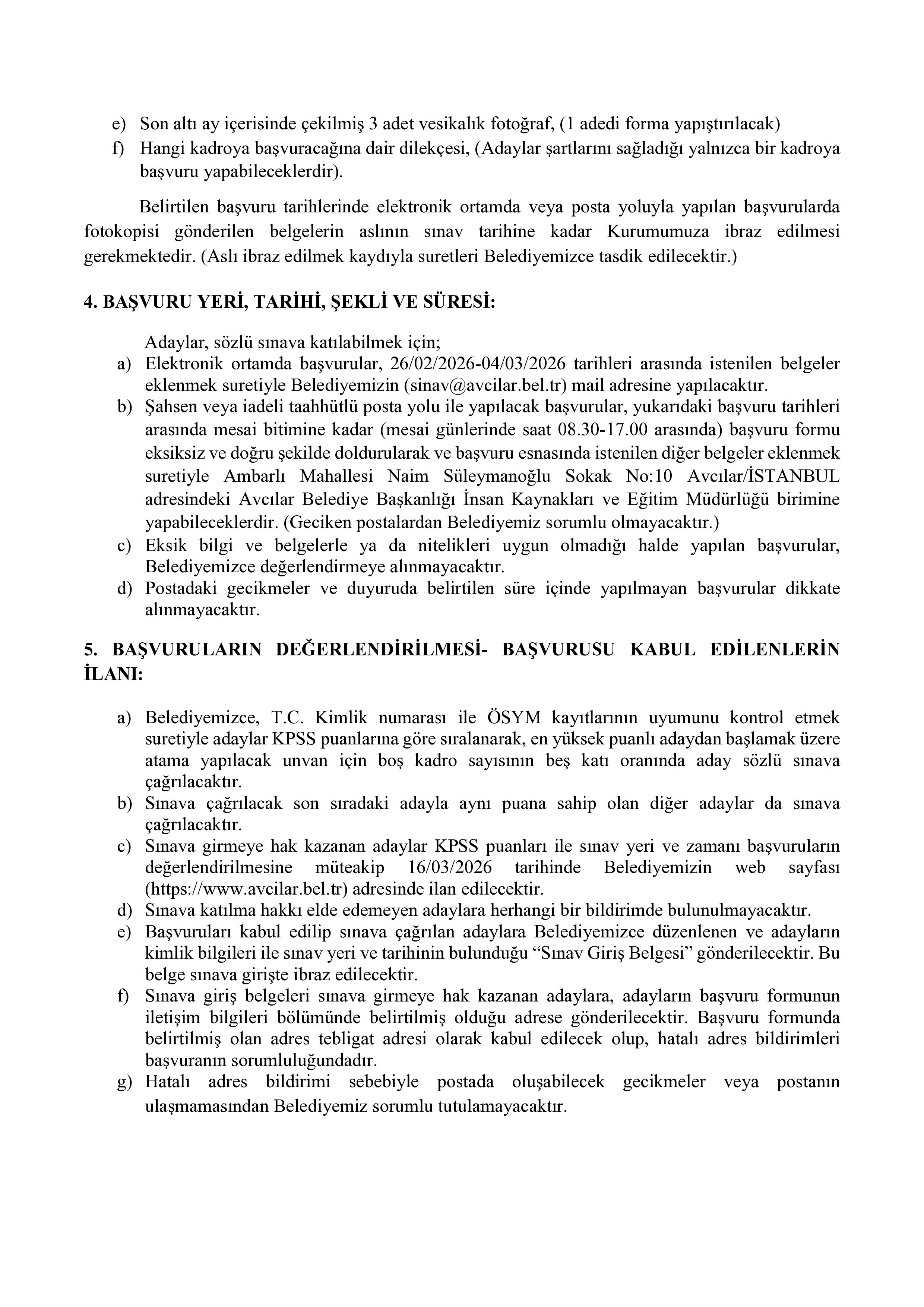 AVCILAR BELEDİYE BAŞKANLIĞI 12 MEMUR ALACAK ( 26 Şubat - 4 Mart) İlan İçeriği Sayfa 3