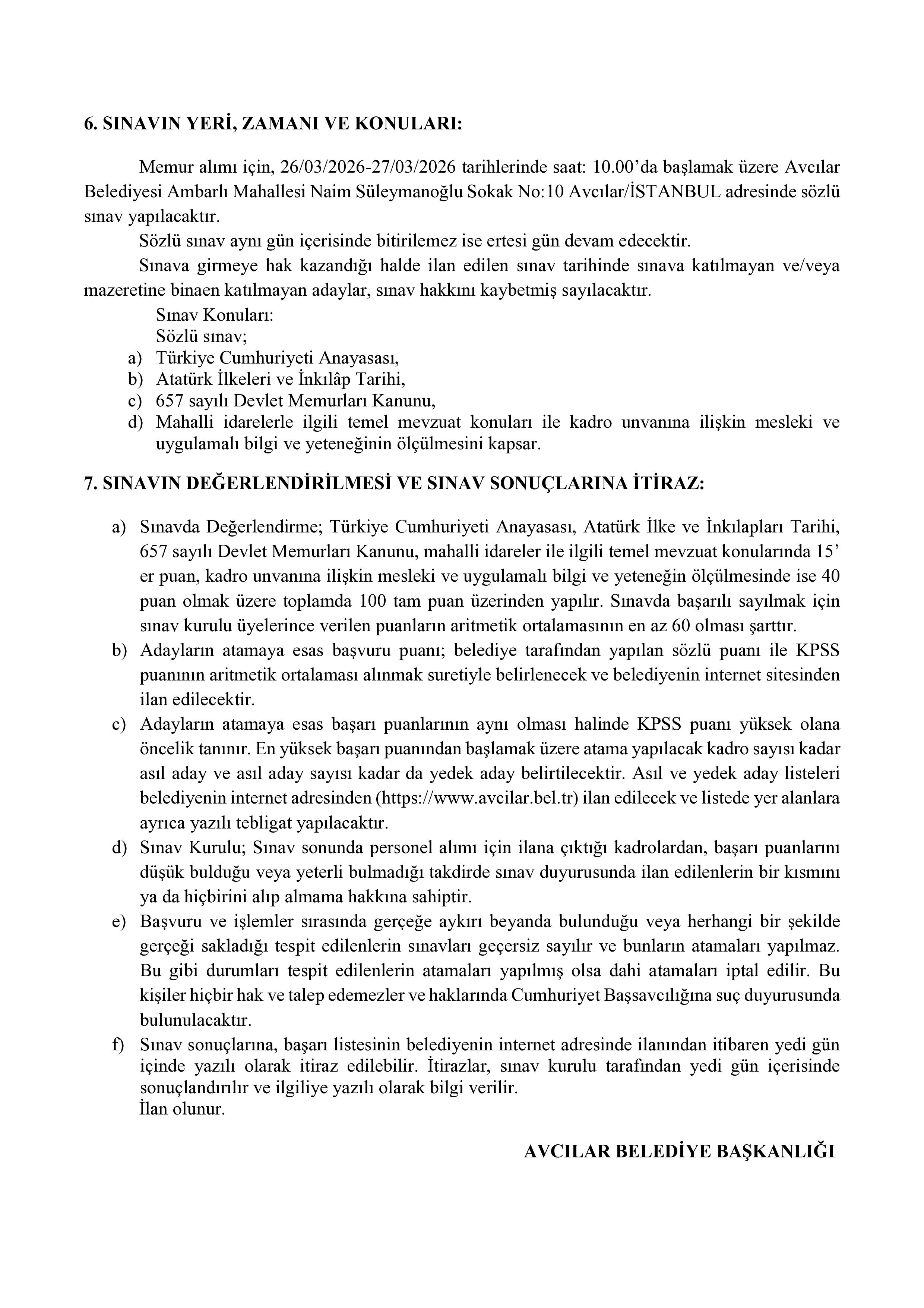 AVCILAR BELEDİYE BAŞKANLIĞI 12 MEMUR ALACAK ( 26 Şubat - 4 Mart) İlan İçeriği Sayfa 4