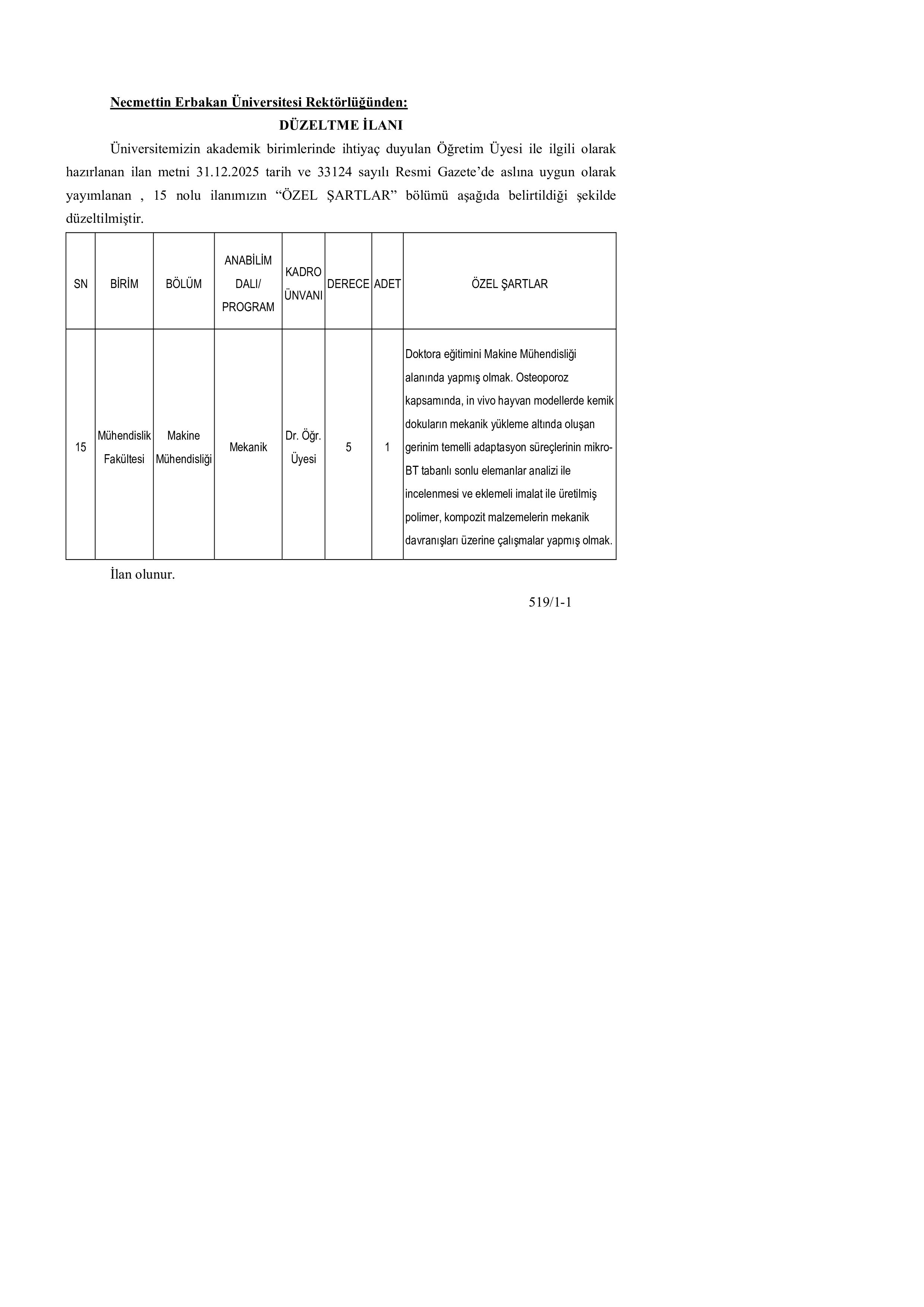 NECMETTİN ERBAKAN ÜNİVERSİTESİ DÜZELTME İLANI (31.12.2025 TARİH VE 33124 SAYILI RESMİ GAZETE) ( 14 Ocak - 16 Ocak) İlan İçeriği Sayfa 1
