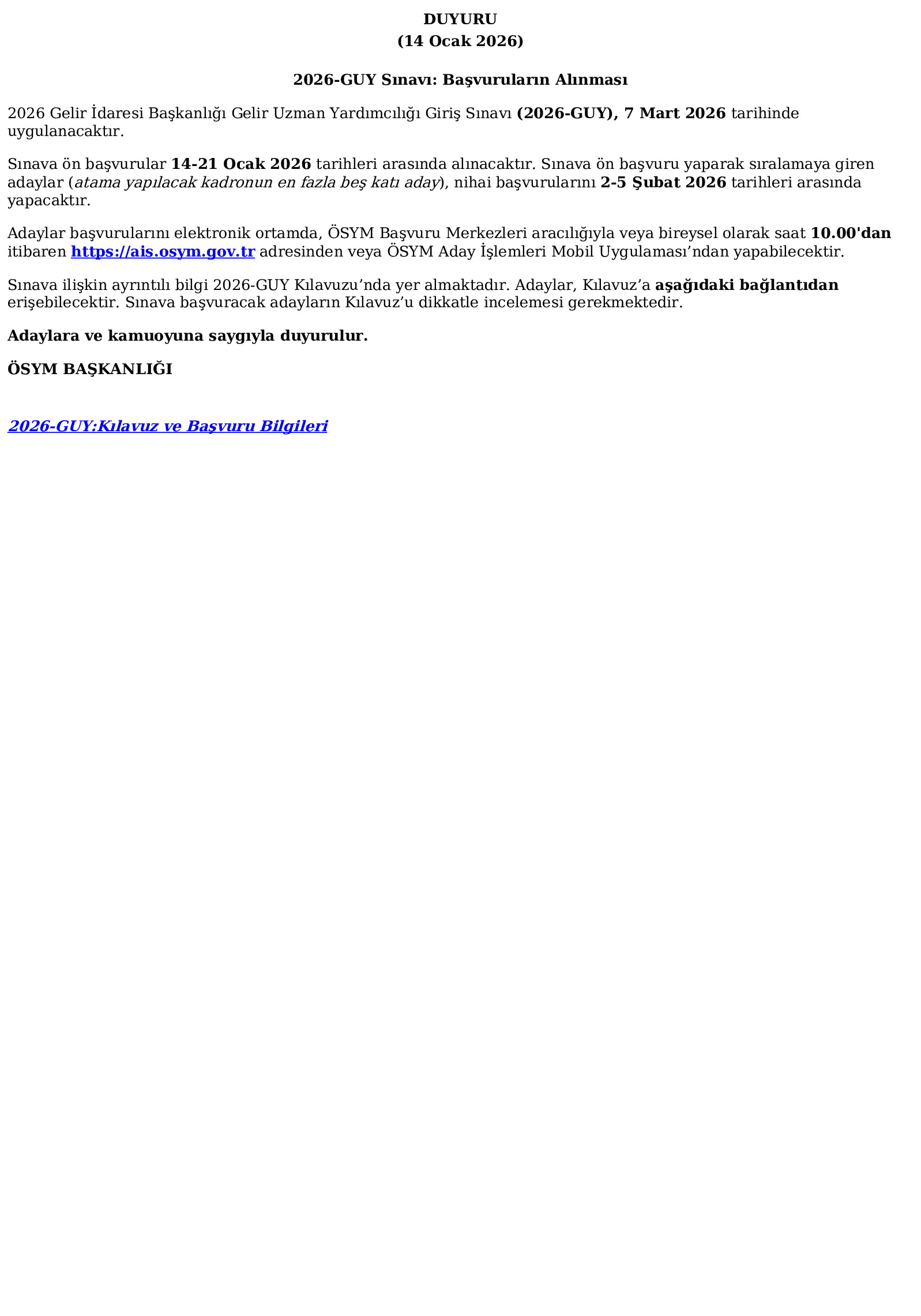 2026-GUY Sınavı: Başvuruların Alınması (14.01.2026) Ösym Tarafından Yapılan Açıklama