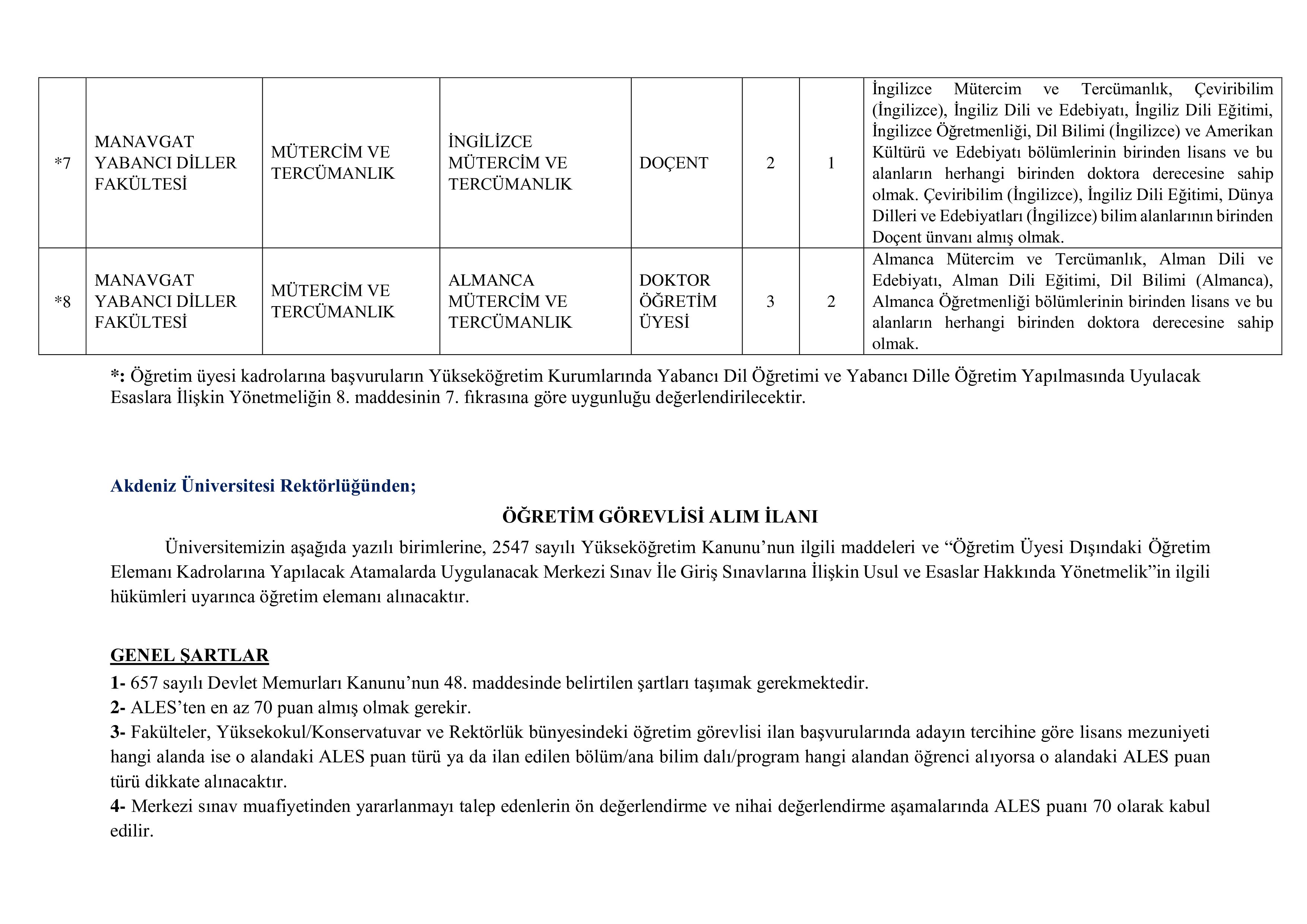 AKDENİZ ÜNİVERSİTESİ 10 ÖĞRETİM ELEMANI ALACAK ( 15 Aralık - 29 Aralık) İlan İçeriği Sayfa 3