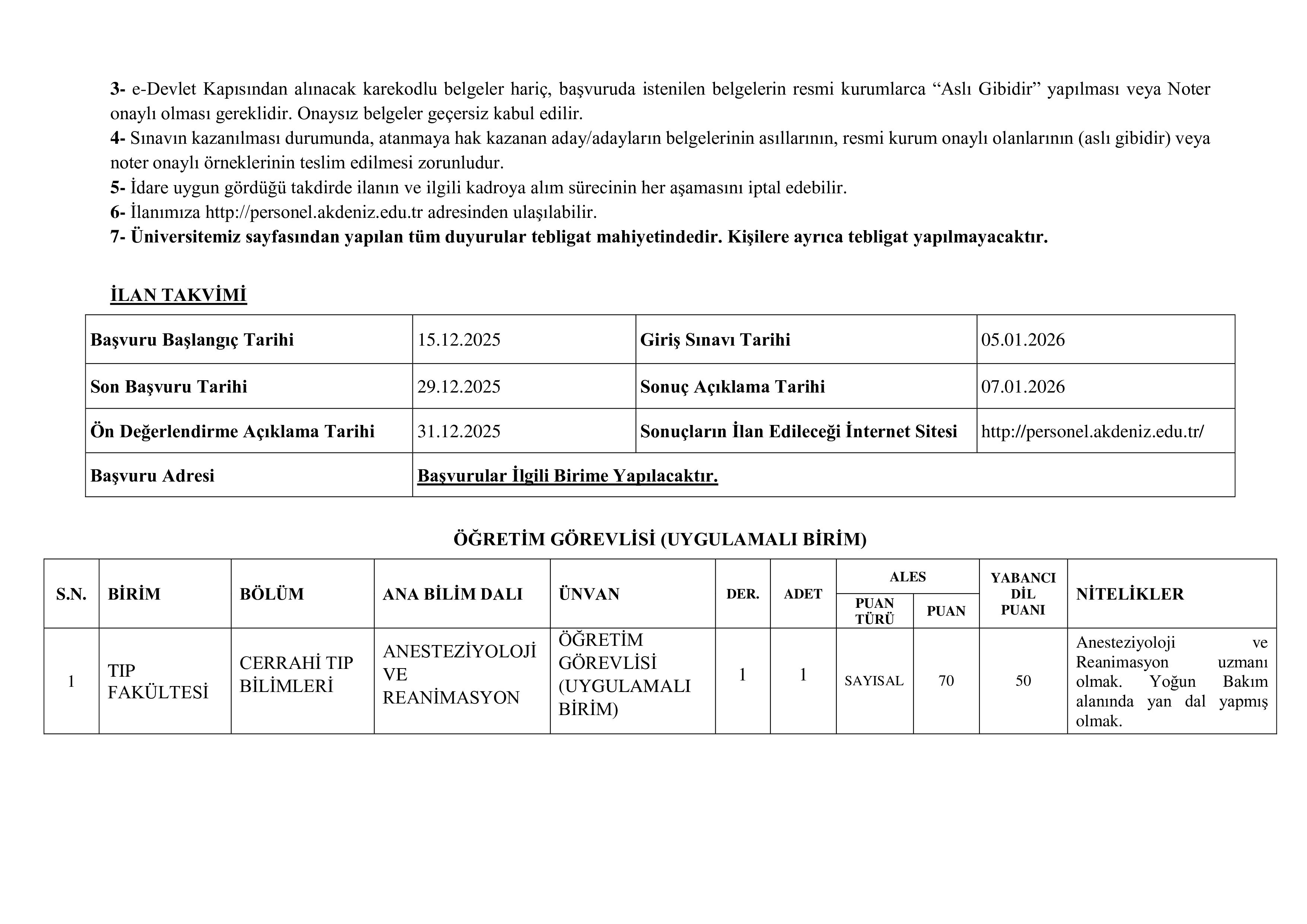 AKDENİZ ÜNİVERSİTESİ 10 ÖĞRETİM ELEMANI ALACAK ( 15 Aralık - 29 Aralık) İlan İçeriği Sayfa 5