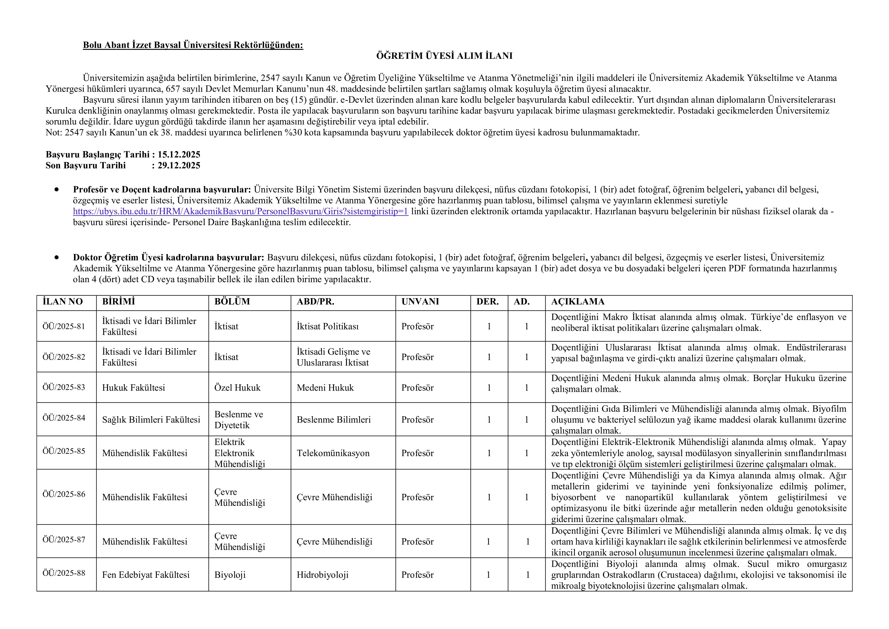 BOLU ABANT İZZET BAYSAL ÜNİVERSİTESİ 39 ÖĞRETİM ÜYESİ ALACAK ( 15 Aralık - 29 Aralık) İlan İçeriği Sayfa 1