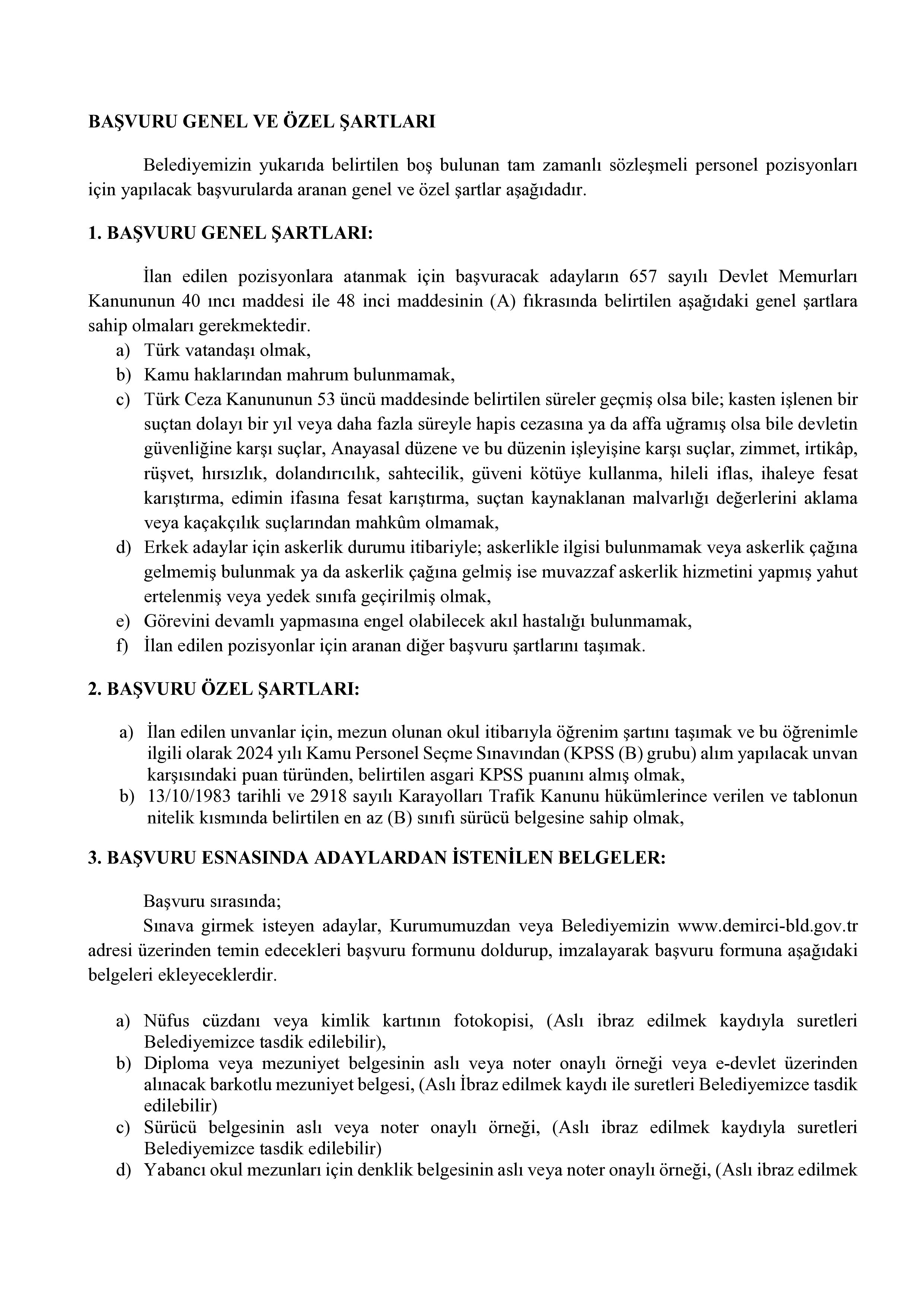 DEMİRCİ (MANİSA) BELEDİYE BAŞKANLIĞI 5 SÖZLEŞMELİ PERSONEL ALACAK ( 26 Ocak - 29 Ocak) İlan İçeriği Sayfa 2
