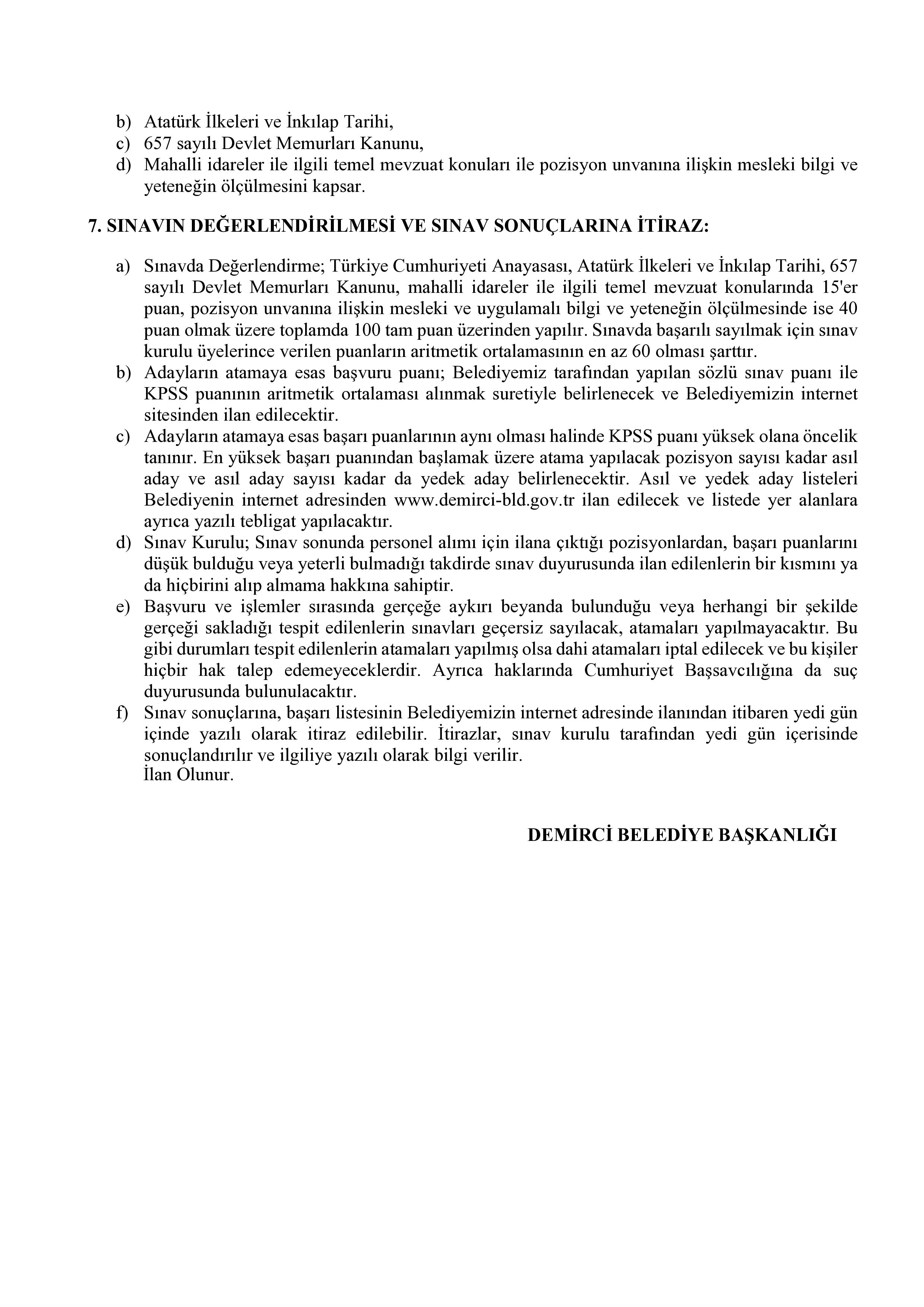 DEMİRCİ (MANİSA) BELEDİYE BAŞKANLIĞI 5 SÖZLEŞMELİ PERSONEL ALACAK ( 26 Ocak - 29 Ocak) İlan İçeriği Sayfa 4