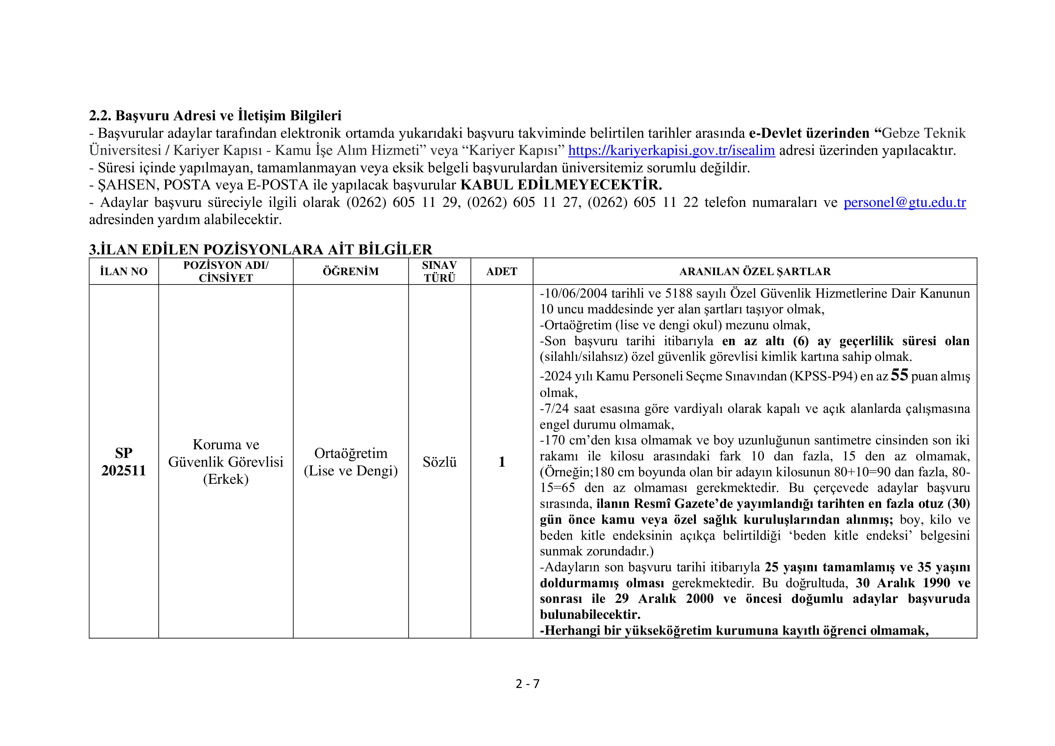 GEBZE TEKNİK ÜNİVERSİTESİ 6 SÖZLEŞMELİ PERSONEL ALACAK ( 15 Aralık - 29 Aralık) İlan İçeriği Sayfa 2