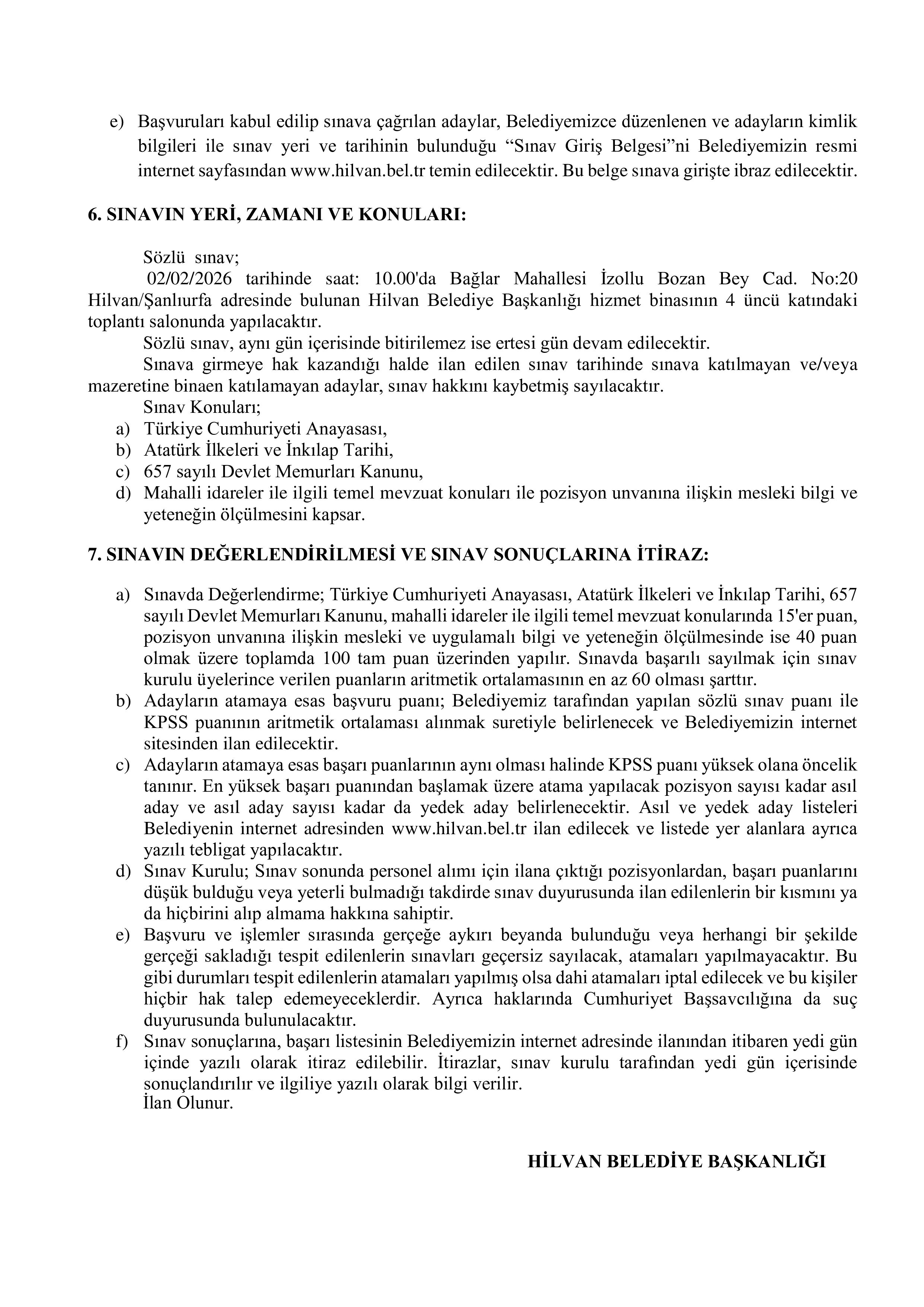 HİLVAN BELEDİYE BAŞKANLIĞI 1 SÖZLEŞMELİ PERSONEL ALACAK ( 21 Ocak - 23 Ocak) İlan İçeriği Sayfa 3