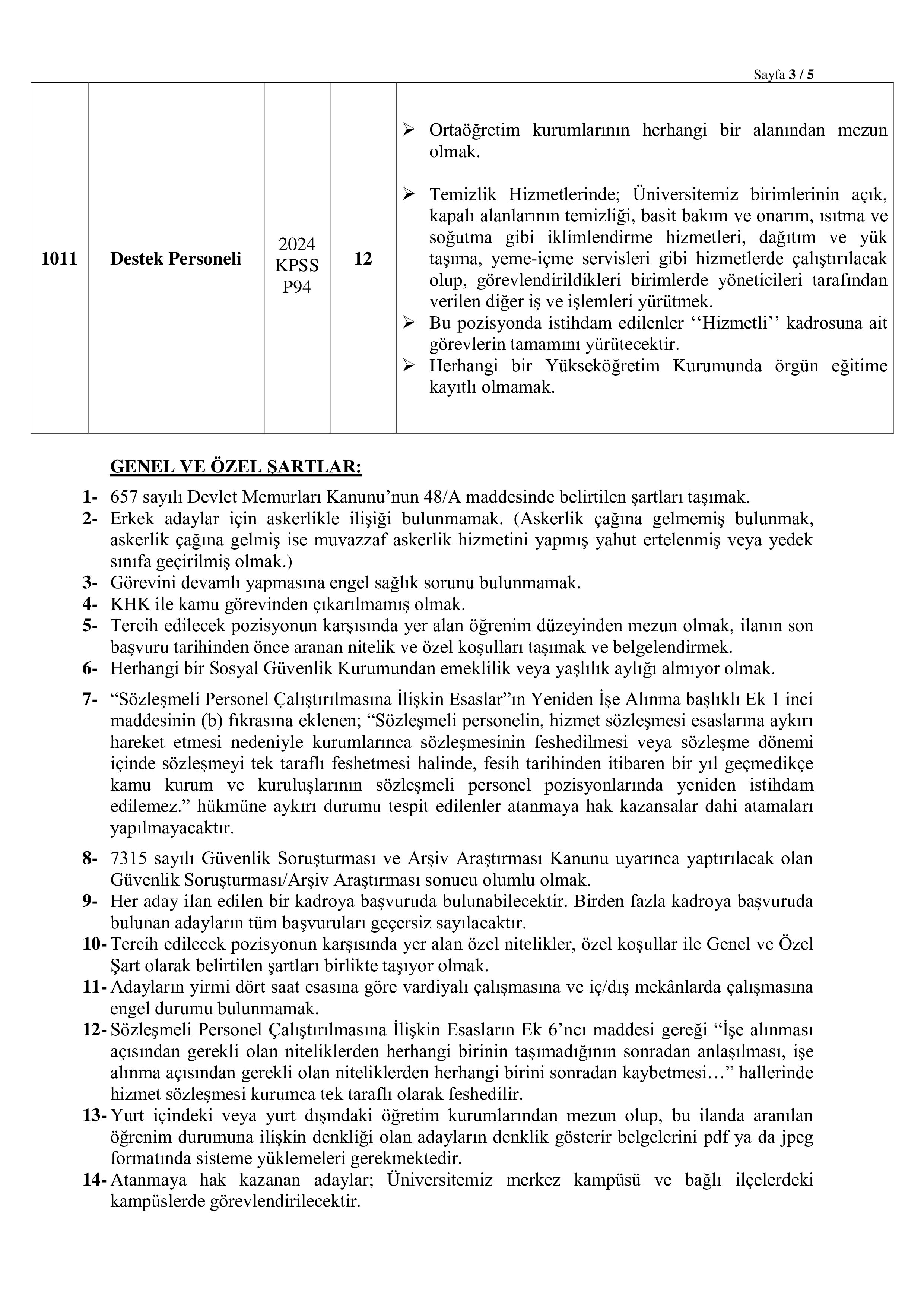 KAYSERİ ÜNİVERSİTESİ 35 SÖZLEŞMELİ PERSONEL ALACAK ( 15 Aralık - 29 Aralık) İlan İçeriği Sayfa 3