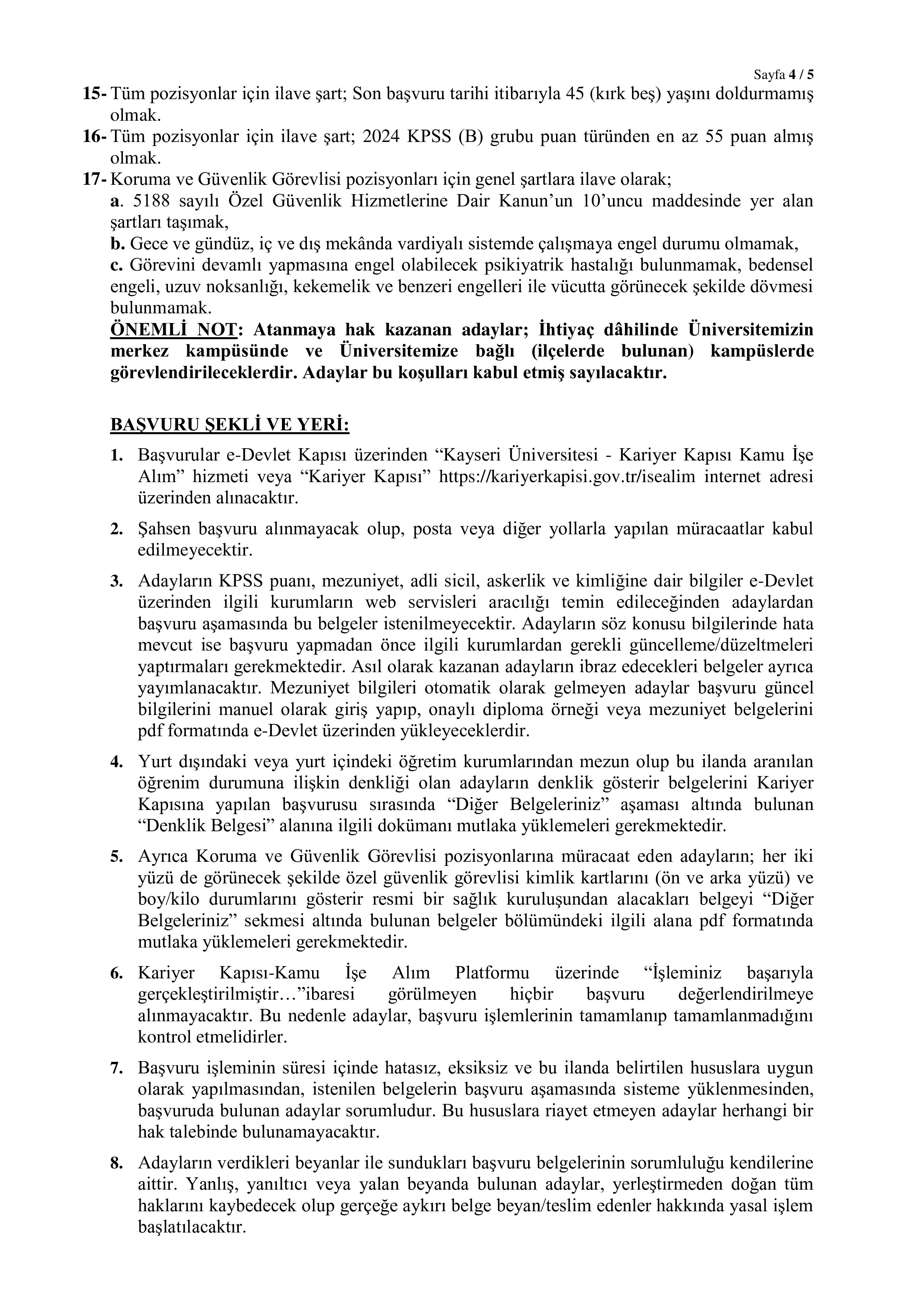 KAYSERİ ÜNİVERSİTESİ 35 SÖZLEŞMELİ PERSONEL ALACAK ( 15 Aralık - 29 Aralık) İlan İçeriği Sayfa 4