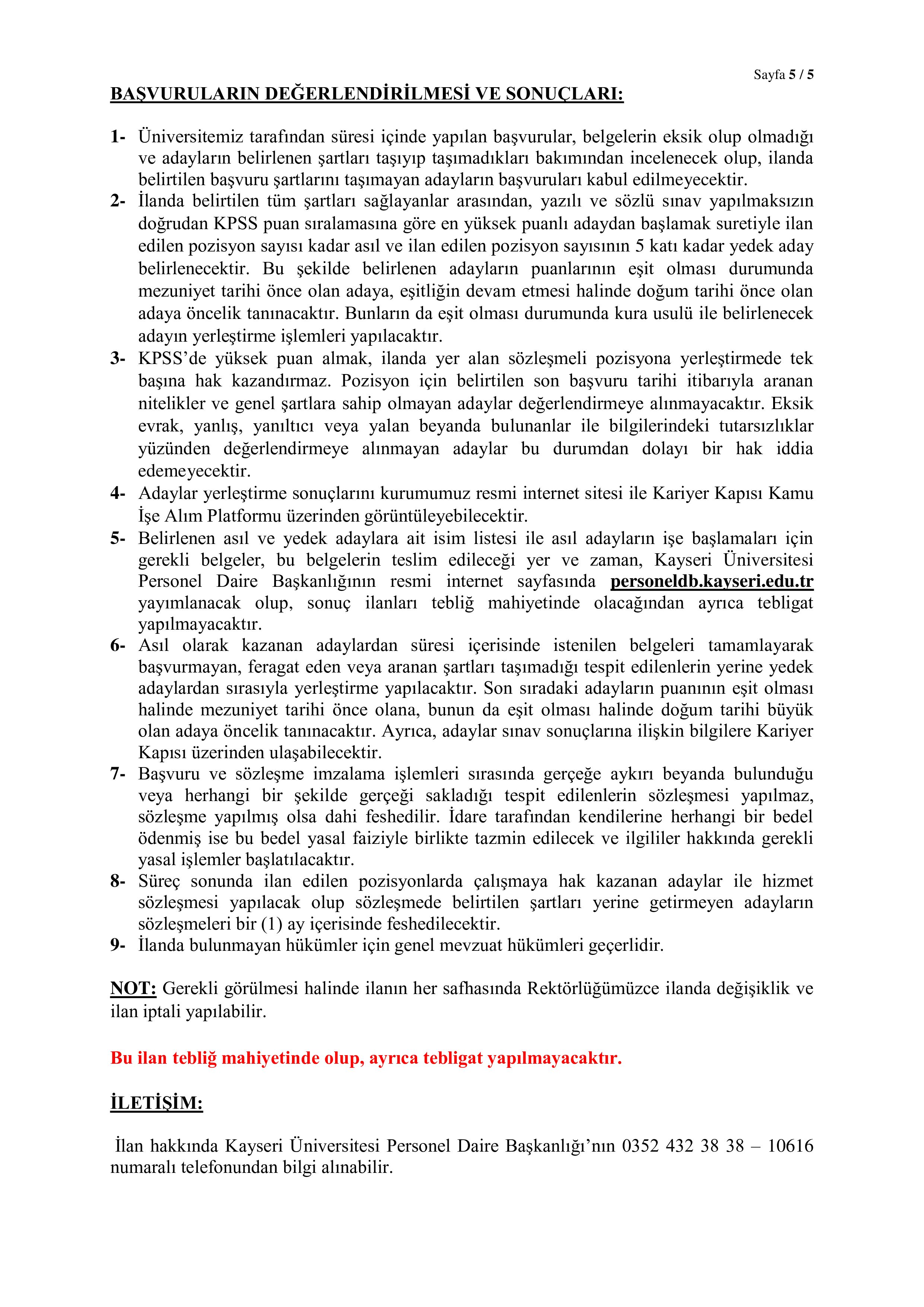 KAYSERİ ÜNİVERSİTESİ 35 SÖZLEŞMELİ PERSONEL ALACAK ( 15 Aralık - 29 Aralık) İlan İçeriği Sayfa 5