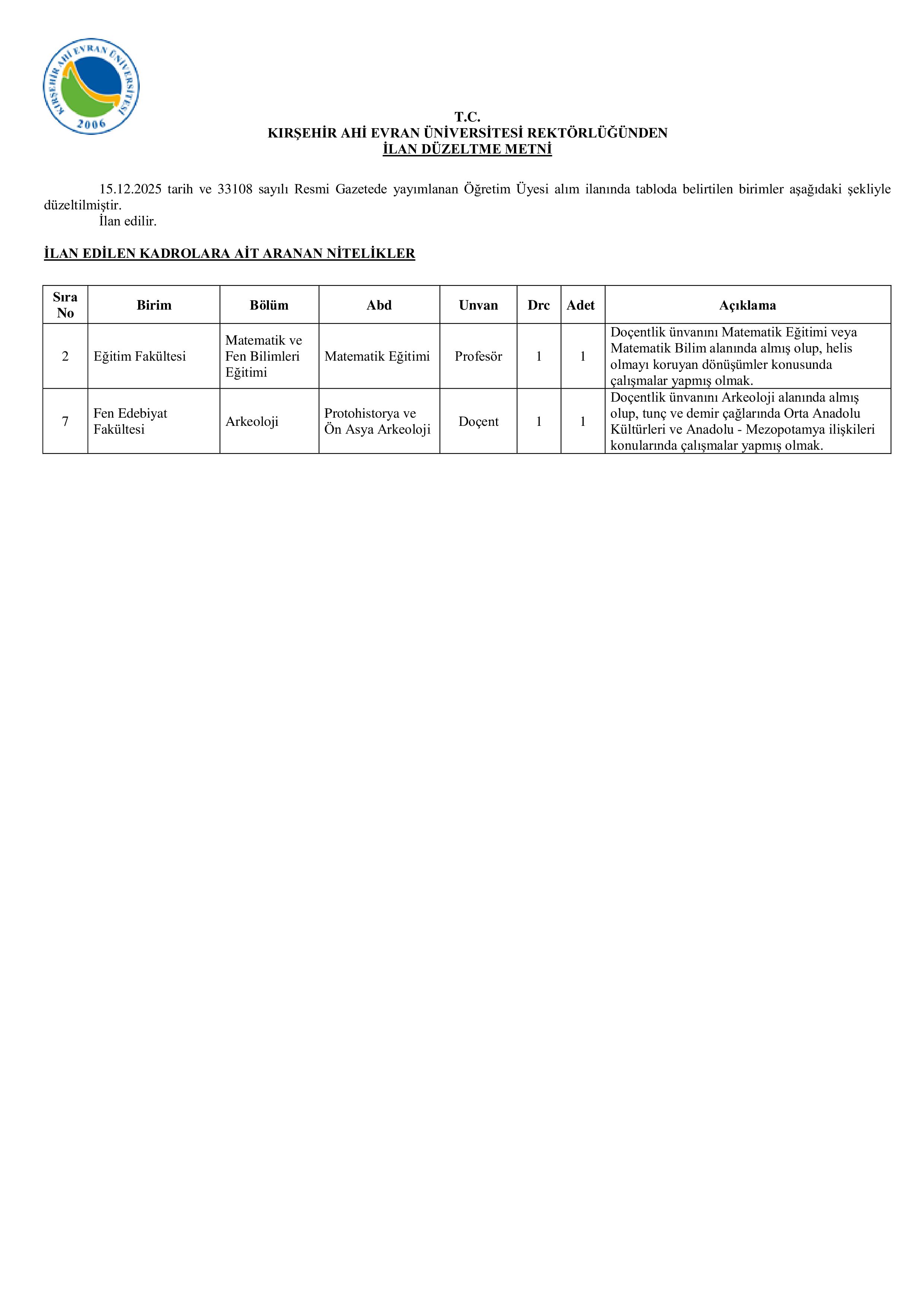KIRŞEHİR AHİ EVRAN ÜNİVERSİTESİ KIRŞEHİR AHİ EVRAN ÜNİVERSİTESİ KIRŞEHİR AHİ EVRAN ÜNİVERSİTESİDÜZELTME İLANI ( 15 Aralık - 29 Aralık) İlan İçeriği Sayfa 1