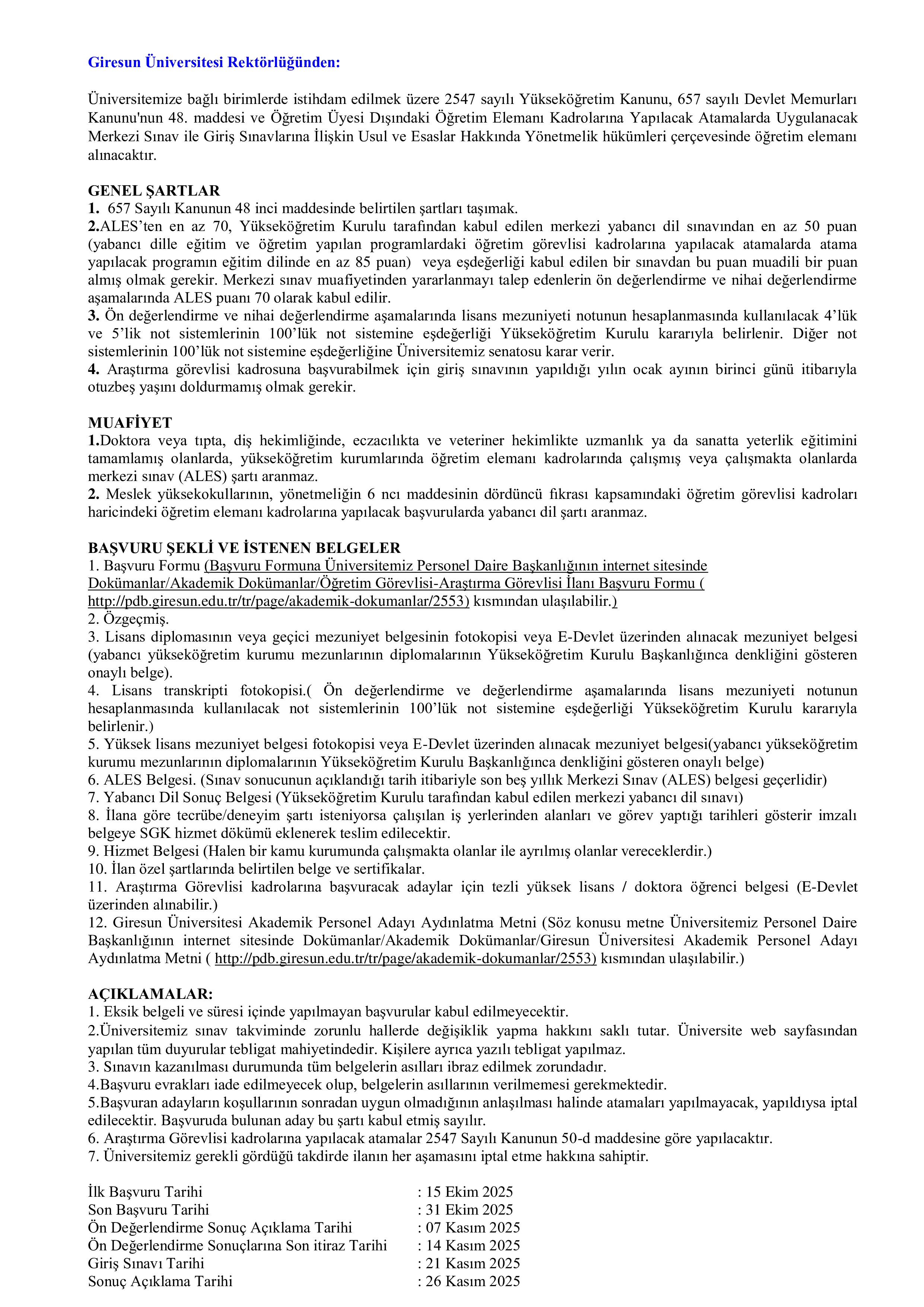GİRESUN ÜNİVERSİTESİ 4 ÖĞRETİM ELEMANI ALACAK ( 15 Ekim - 31 Ekim) İlan İçeriği Sayfa 1