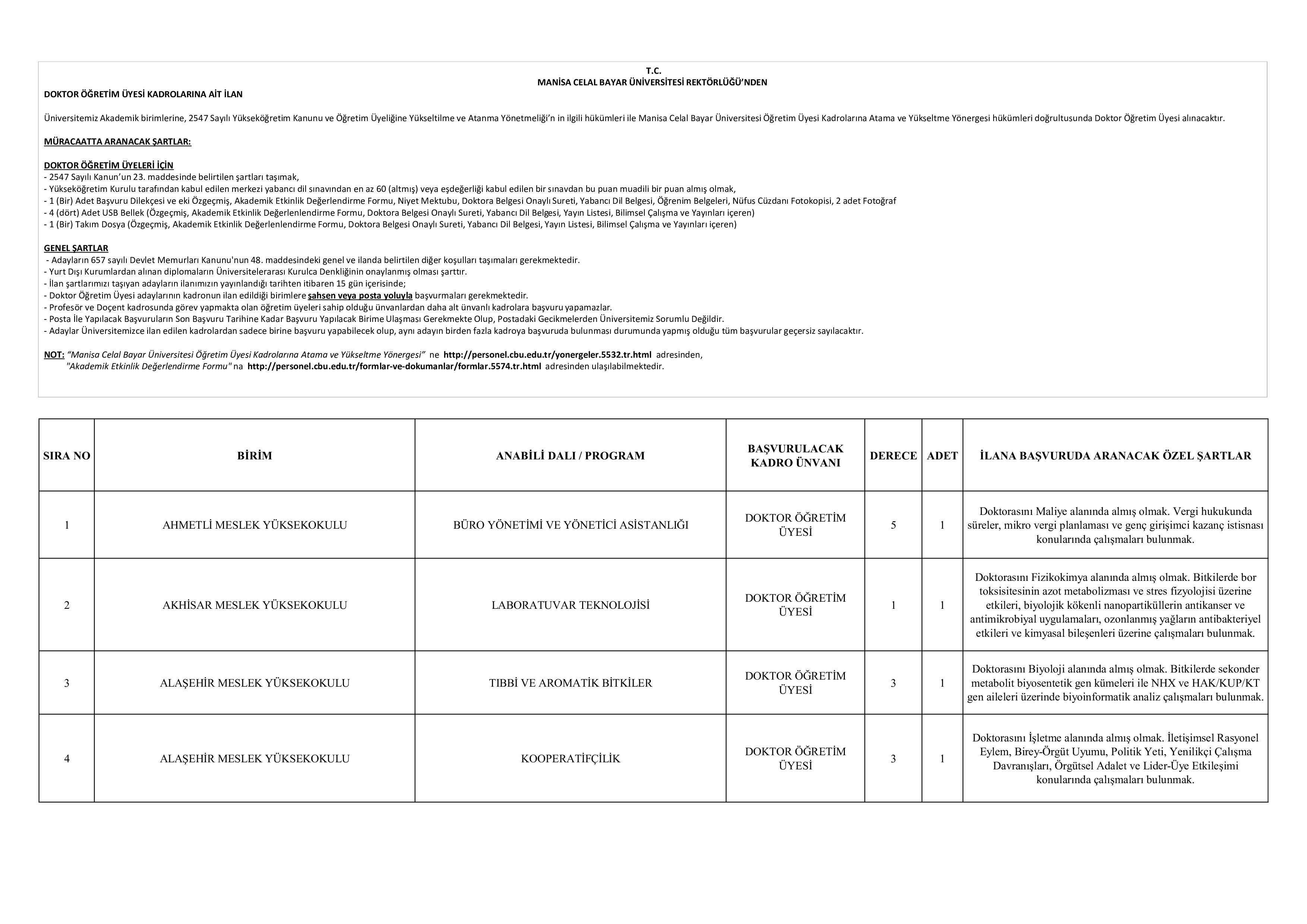MANİSA CELAL BAYAR ÜNİVERSİTESİ 34 DOKTOR ÖĞRETİM ÜYESİ ALACAK ( 15 Ekim - 30 Ekim) İlan İçeriği Sayfa 1