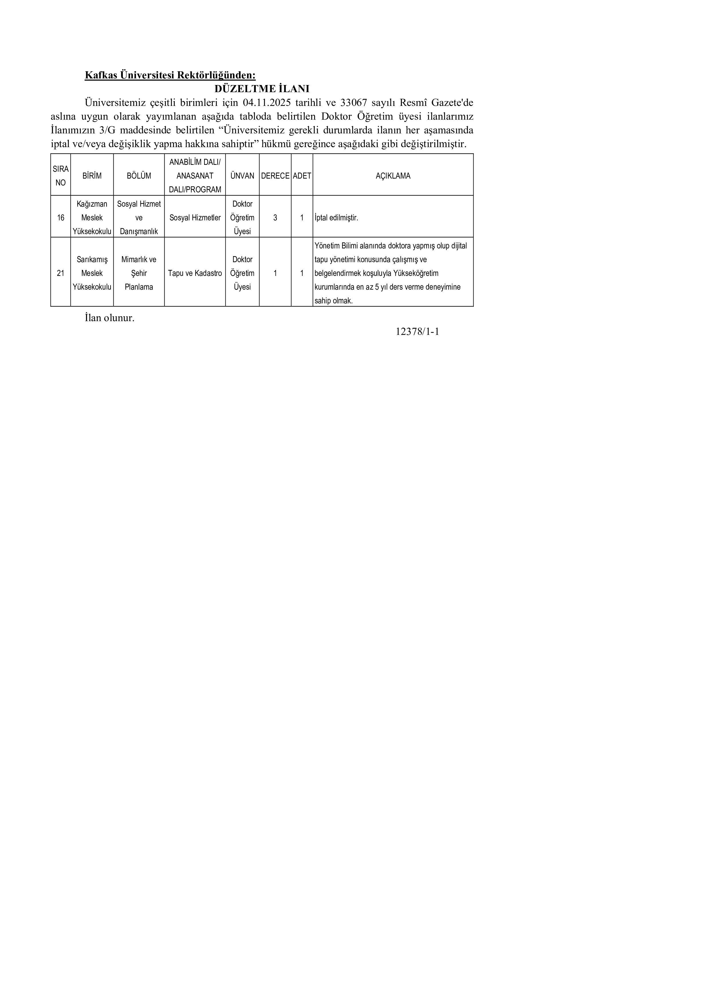 KAFKAS ÜNİVERSİTESİ DÜZELTME İLANI ( 15 Kasım - 25 Kasım) İlan İçeriği Sayfa 1