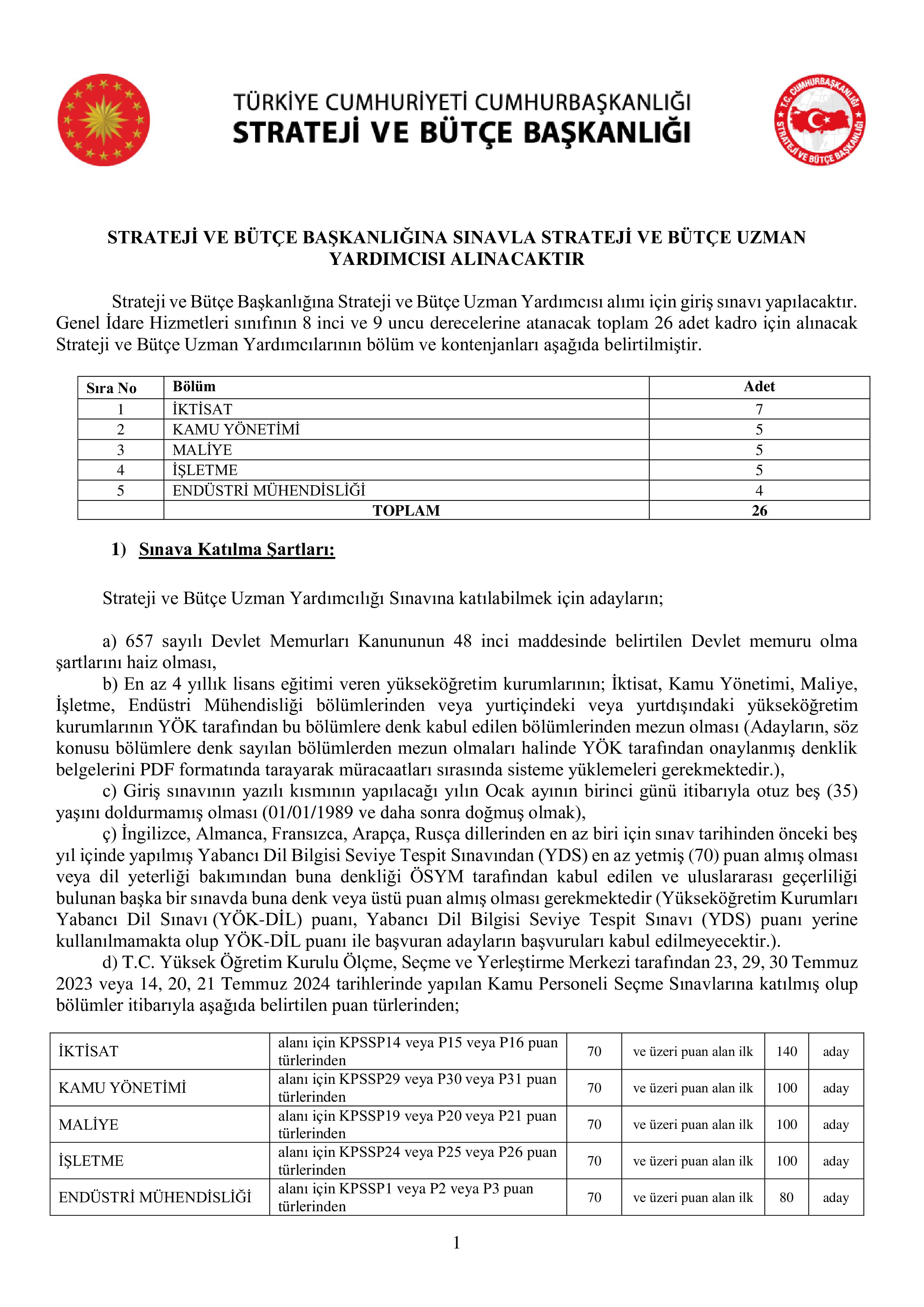 STRATEJİ VE BÜTÇE BAŞKANLIĞI 26 STRATEJİ VE BÜTÇE UZMAN YARDIMCISI ALACAK ( 15 Kasım - 29 Kasım) İlan İçeriği Sayfa 1