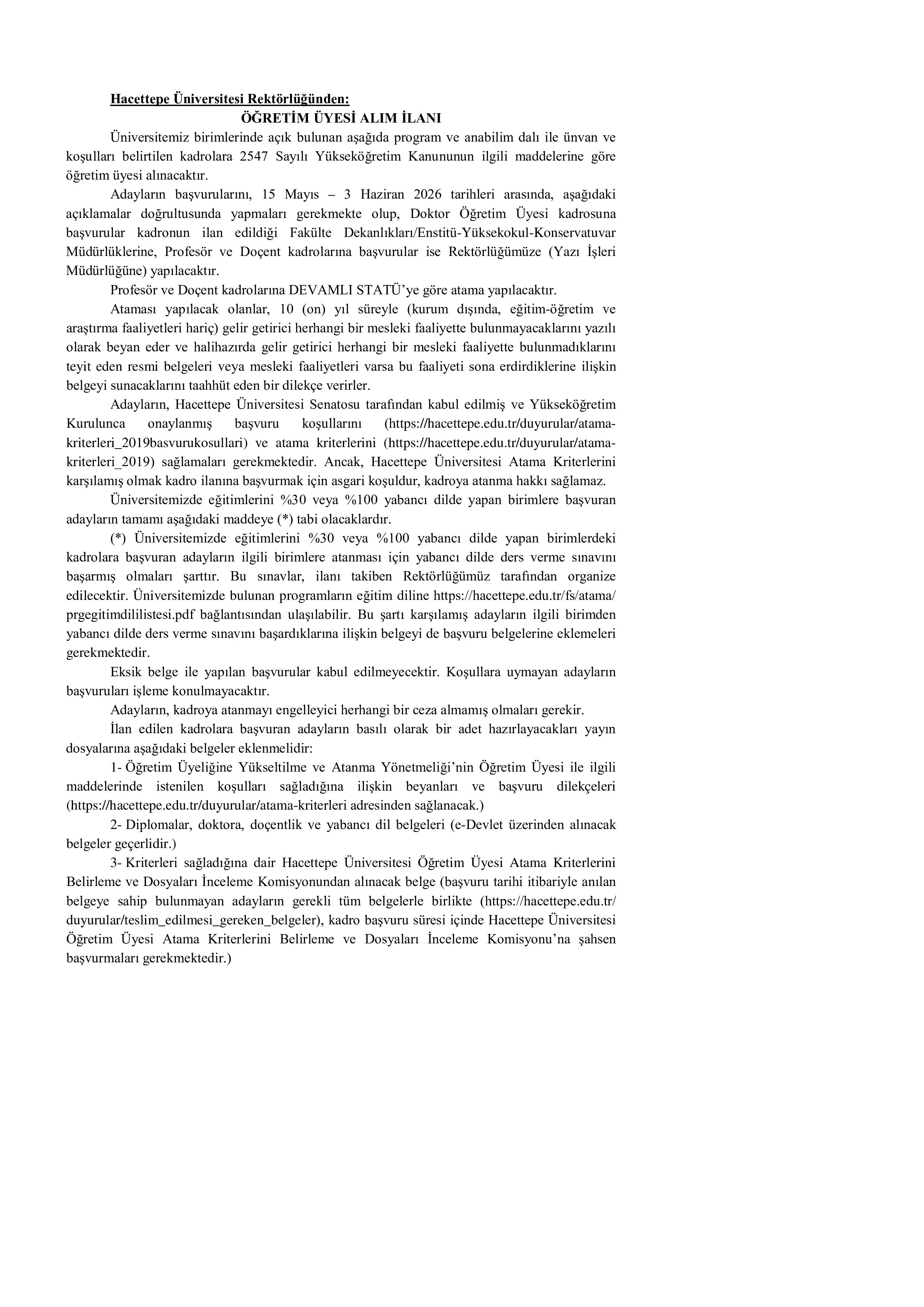 HACETTEPE ÜNİVERSİTESİ 68 ÖĞRETİM ÜYESİ ALACAK ( 15 Mayıs - 3 Haziran) İlan İçeriği Sayfa 1