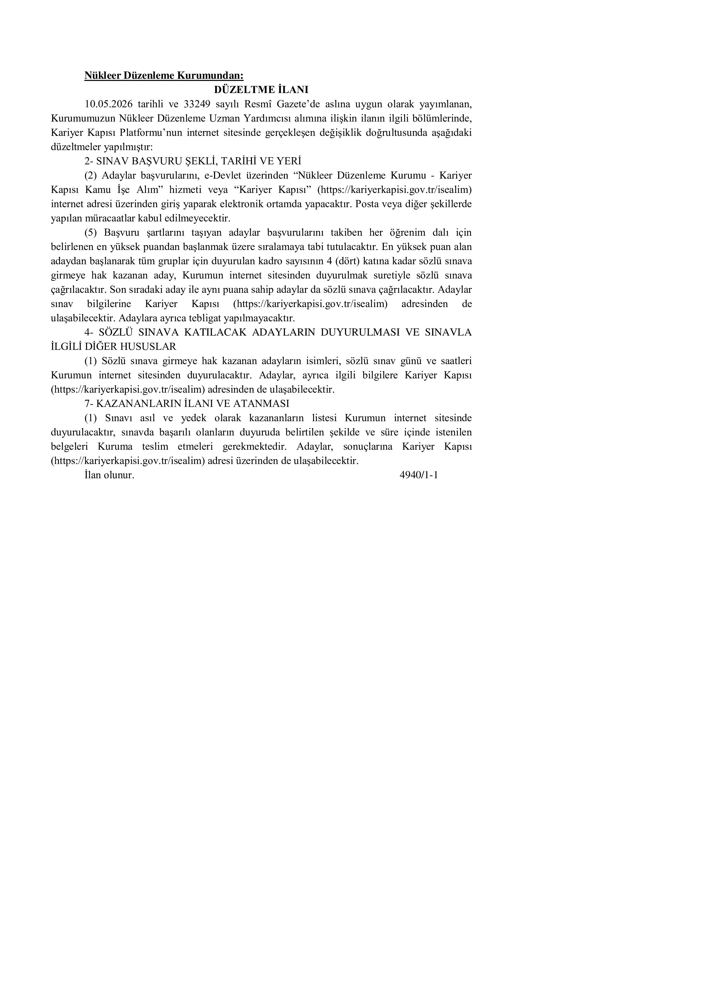 NÜKLEER DÜZENLEME KURUMU DÜZELTME İLANI ( 1 Haziran - 15 Haziran) İlan İçeriği Sayfa 1