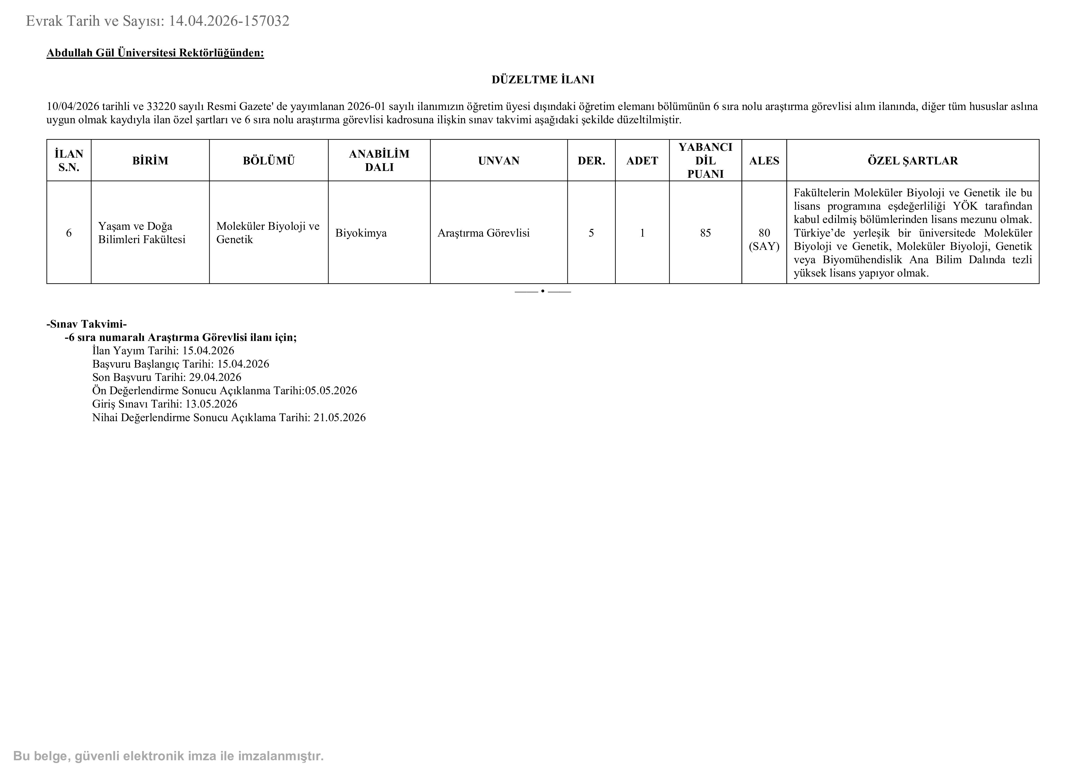 ABDULLAH GÜL ÜNİVERSİTESİ DÜZELTME İLANI ( 15 Nisan - 29 Nisan) İlan İçeriği Sayfa 1