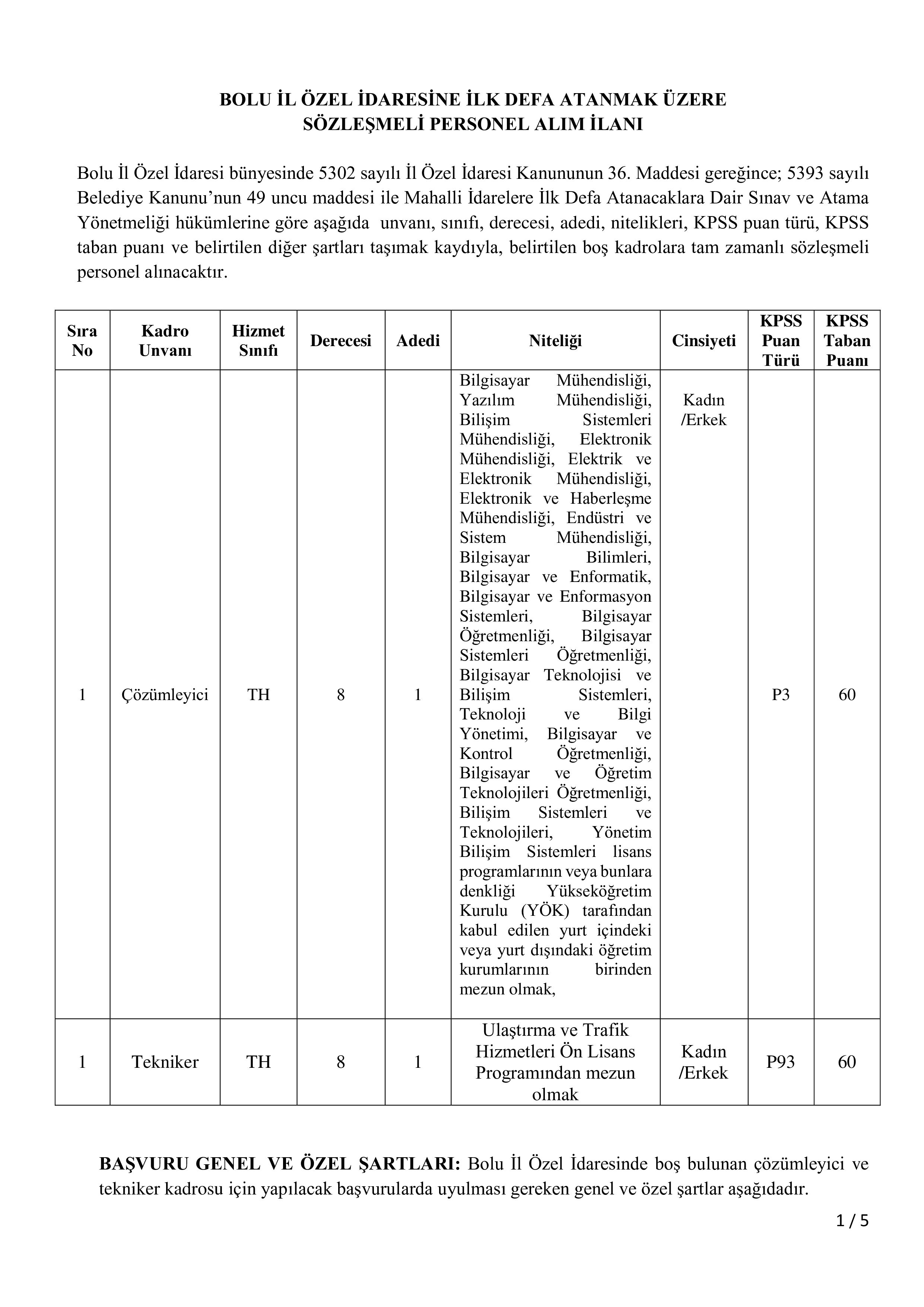 İlan İçeriği Sayfa 1 BOLU İL ÖZEL İDARESİ 2 SÖZLEŞMELİ PERSONEL ALACAK ( 4 Mayıs - 15 Mayıs) İlan İçeriği Sayfa 1