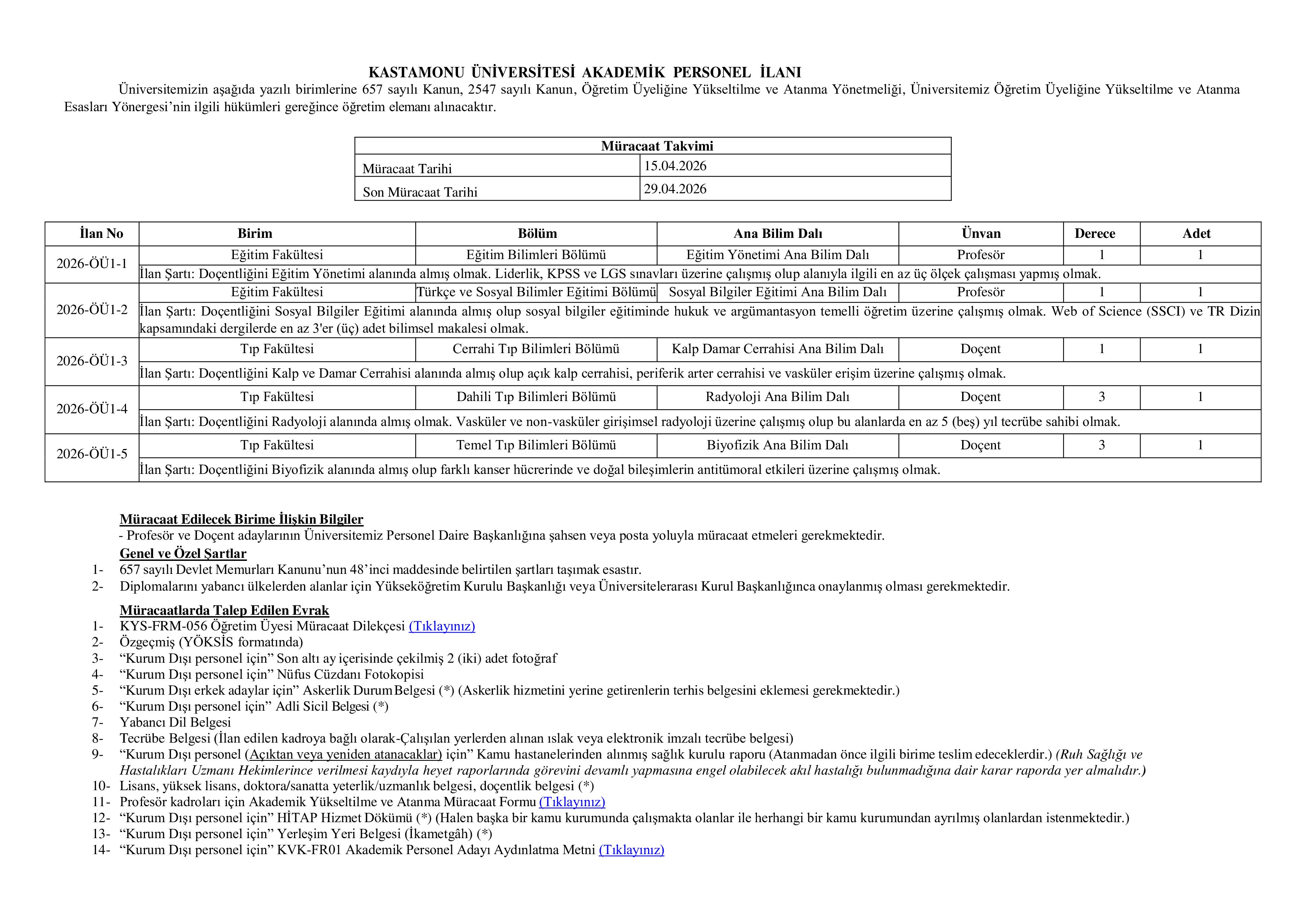İlan İçeriği Sayfa 1 KASTAMONU ÜNİVERSİTESİ 5 ÖĞRETİM ÜYESİ ALACAK ( 15 Nisan - 29 Nisan) İlan İçeriği Sayfa 1