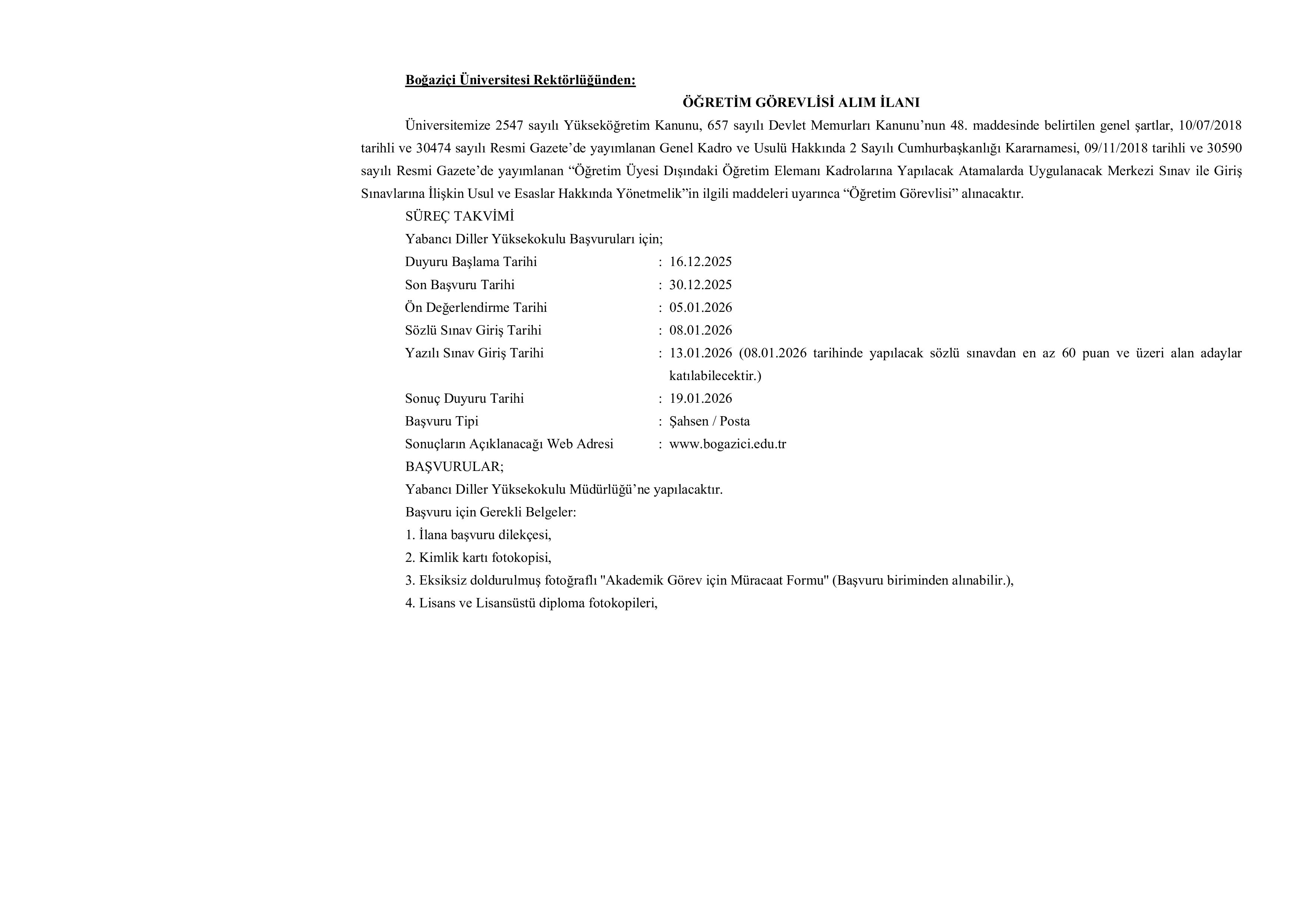 BOĞAZİÇİ ÜNİVERSİTESİ 2 ÖĞRETİM ELEMANI ALACAK ( 16 Aralık - 30 Aralık) İlan İçeriği Sayfa 1