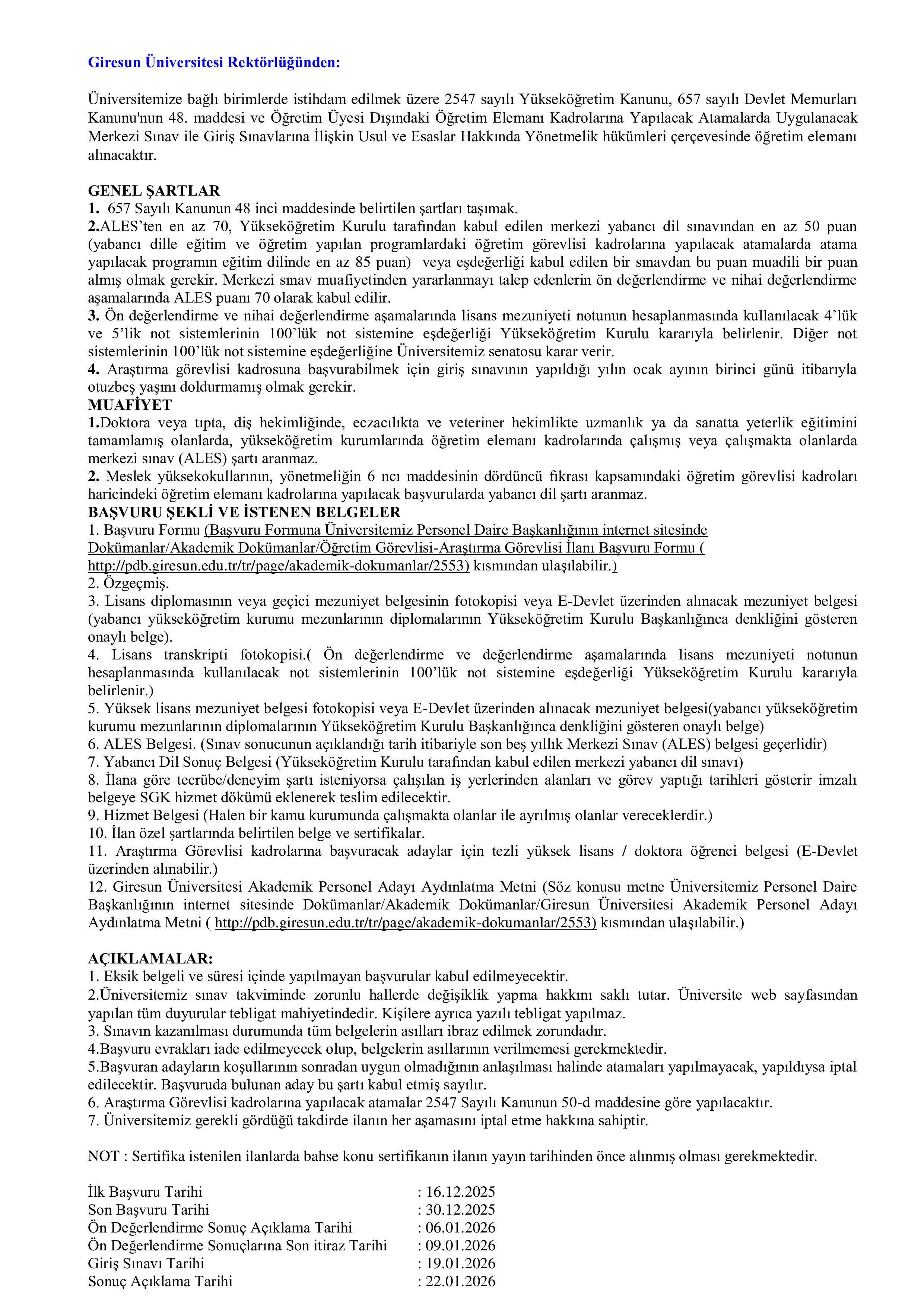 GİRESUN ÜNİVERSİTESİ 2 ÖĞRETİM ELEMANI ALACAK ( 16 Aralık - 30 Aralık) İlan İçeriği Sayfa 1