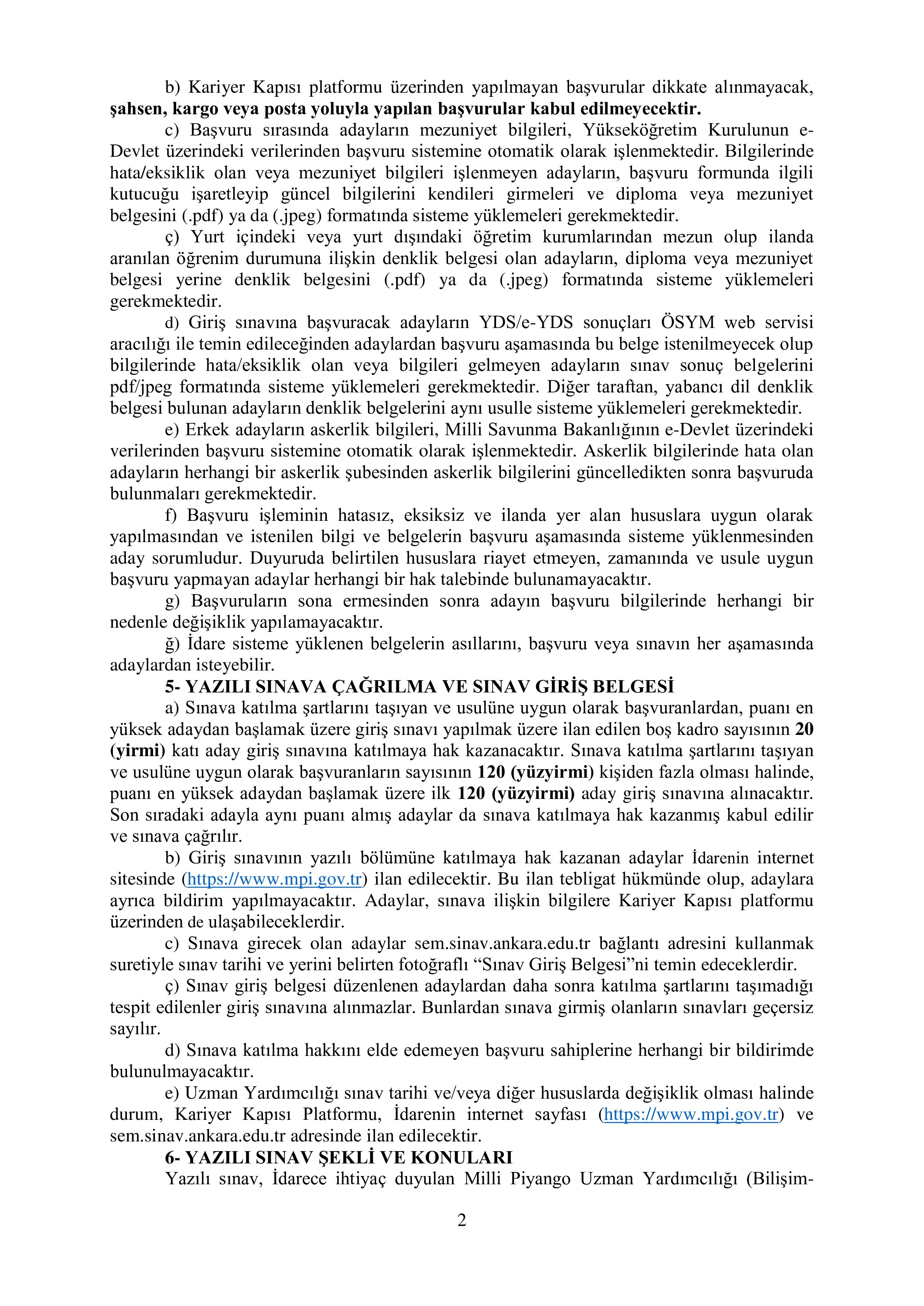 MİLLİ PİYANGO İDARESİ GENEL MÜDÜRLÜĞÜ 6 UZMAN YARDIMCISI ALACAK ( 16 Aralık - 15 Ocak) İlan İçeriği Sayfa 2