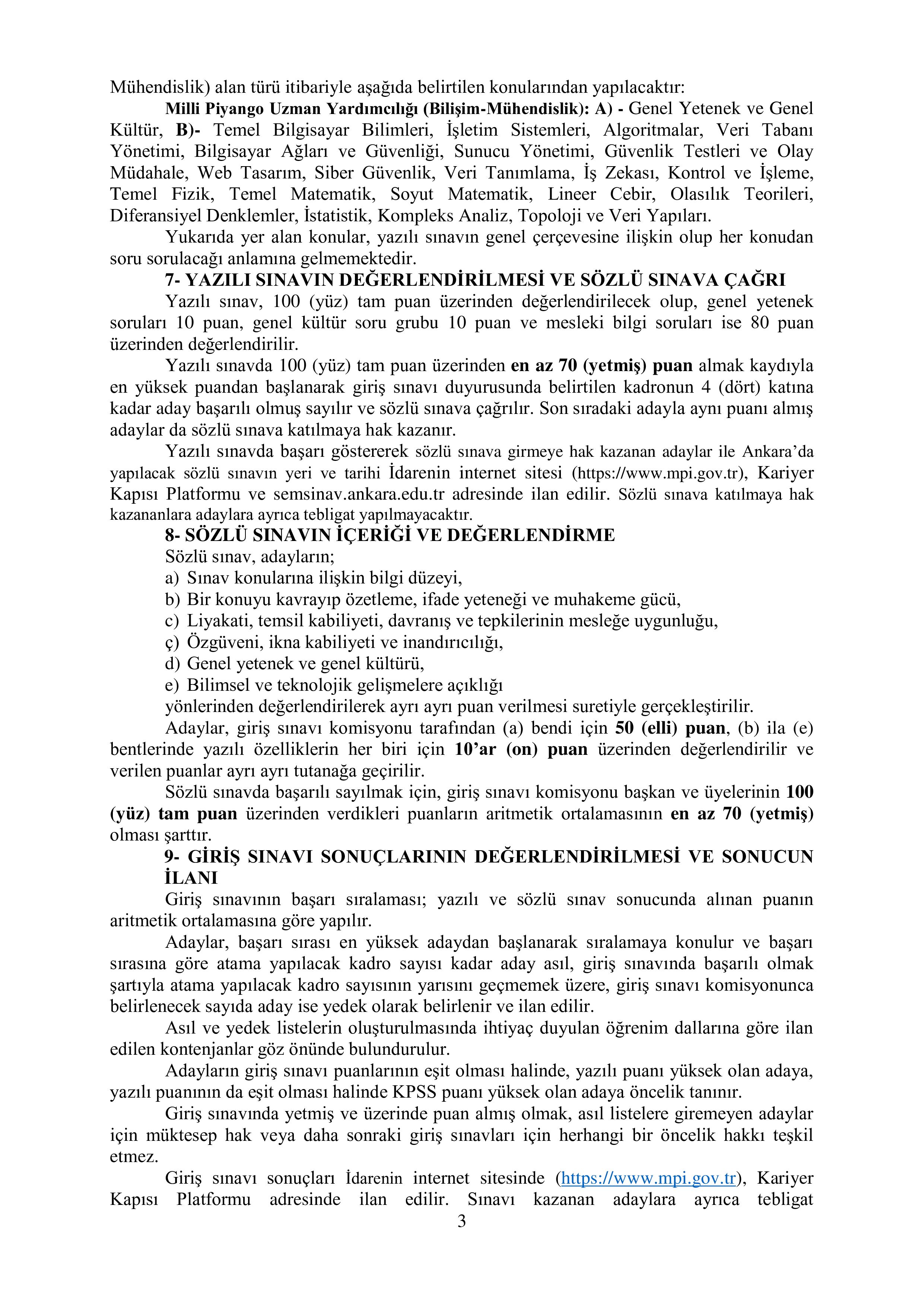 MİLLİ PİYANGO İDARESİ GENEL MÜDÜRLÜĞÜ 6 UZMAN YARDIMCISI ALACAK ( 16 Aralık - 15 Ocak) İlan İçeriği Sayfa 3