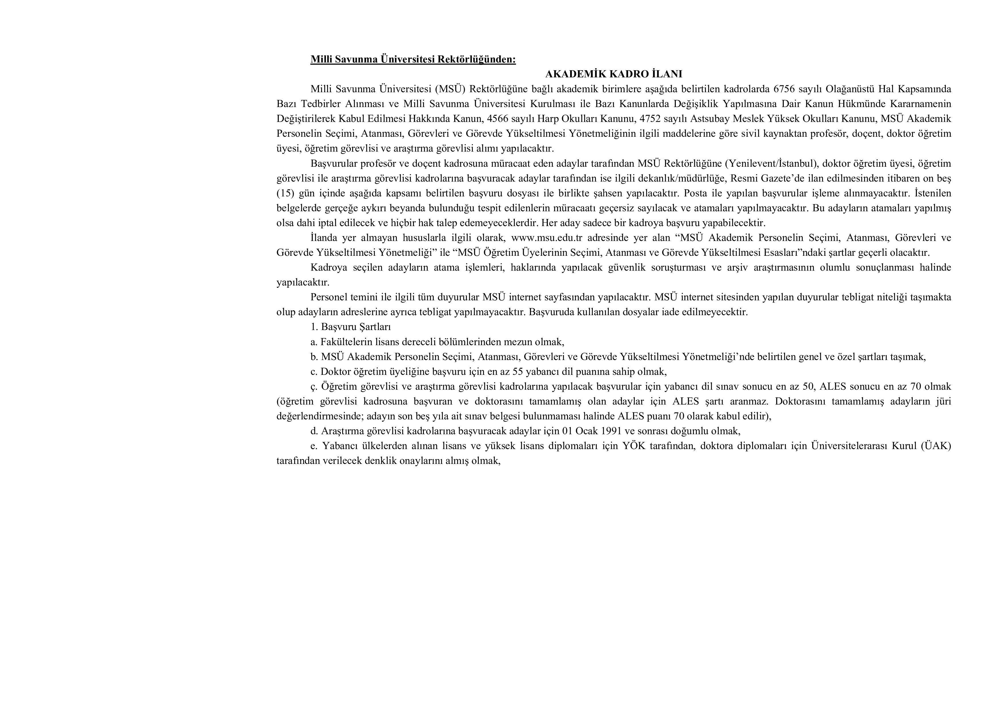 MİLLİ SAVUNMA ÜNİVERSİTESİ 24 ÖĞRETİM ELEMANI ALACAK ( 16 Aralık - 30 Aralık) İlan İçeriği Sayfa 1