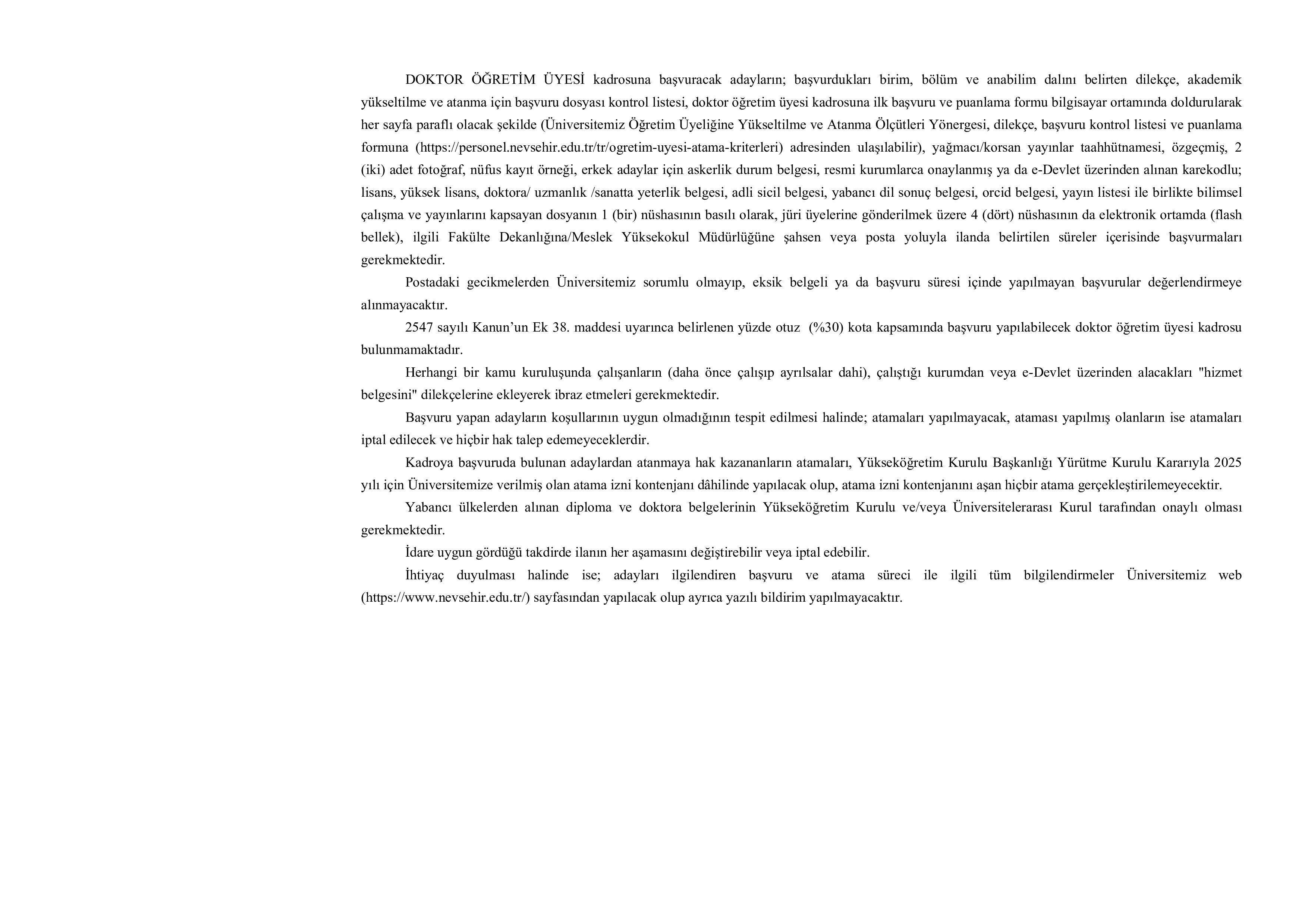 NEVŞEHİR HACI BEKTAŞ VELİ ÜNİVERSİTESİ 36 ÖĞRETİM ÜYESİ ALACAK ( 16 Aralık - 30 Aralık) İlan İçeriği Sayfa 2