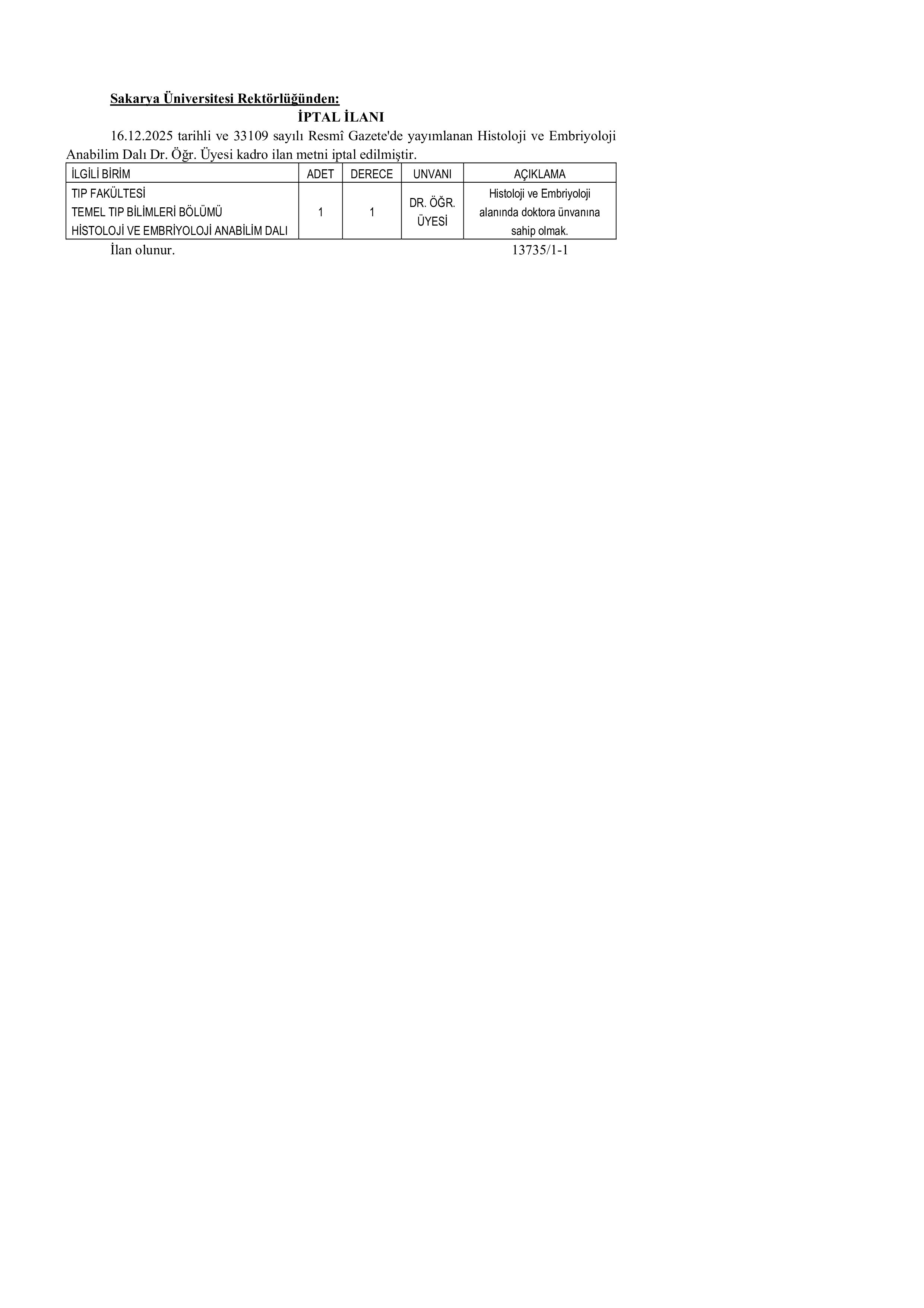 SAKARYA ÜNİVERSİTESİ 4  ÖĞRETİM ELEMANI ALACAK ( 16 Aralık - 30 Aralık) İlan İçeriği Sayfa 1