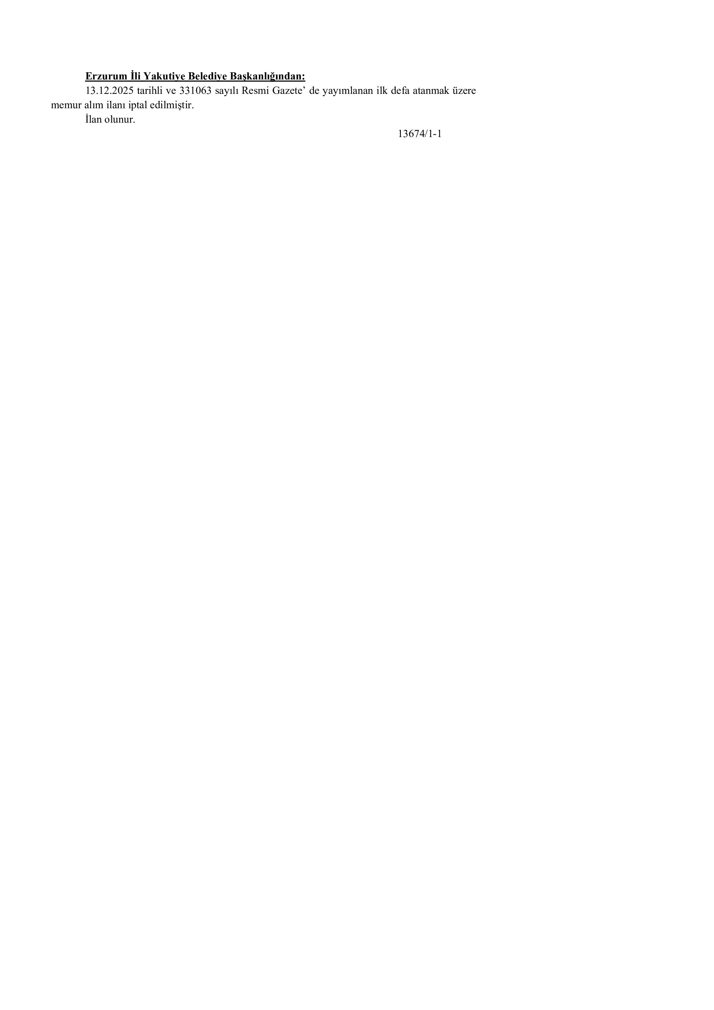 YAKUTİYE BELEDİYE BAŞKANLIĞI İPTAL İLANI ( 19 Ocak - 22 Ocak) İlan İçeriği Sayfa 1