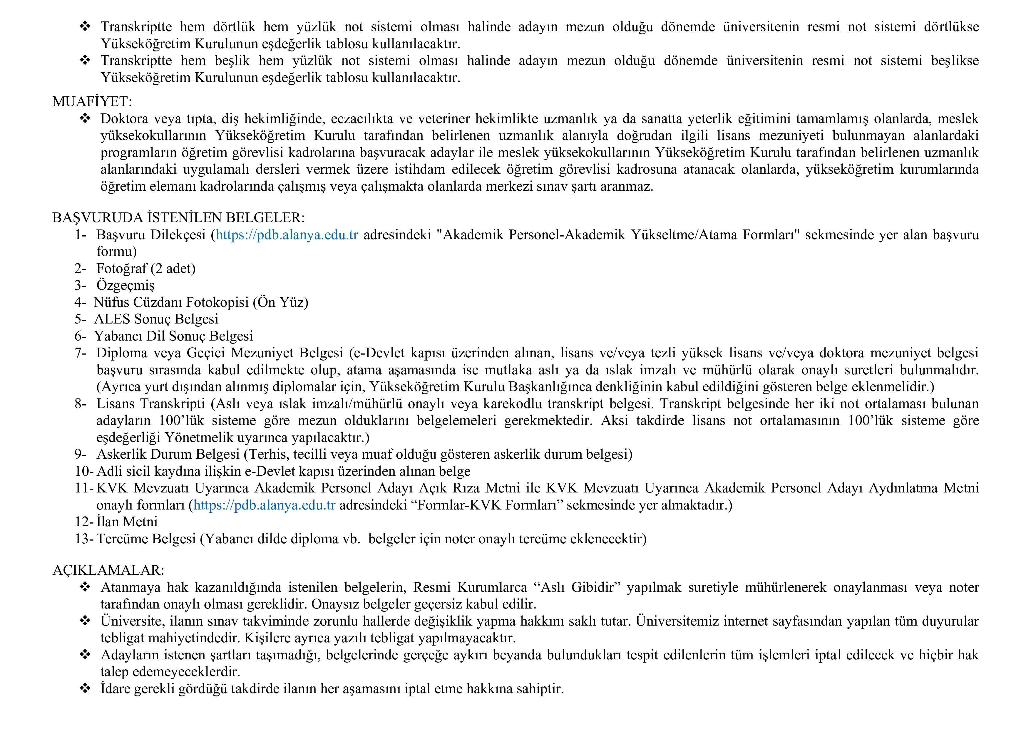 ALANYA ALAADDİN KEYKUBAT ÜNİVERSİTESİ 2 ÖĞRETİM ELEMANI ALACAK ( 16 Ekim - 30 Ekim) İlan İçeriği Sayfa 2