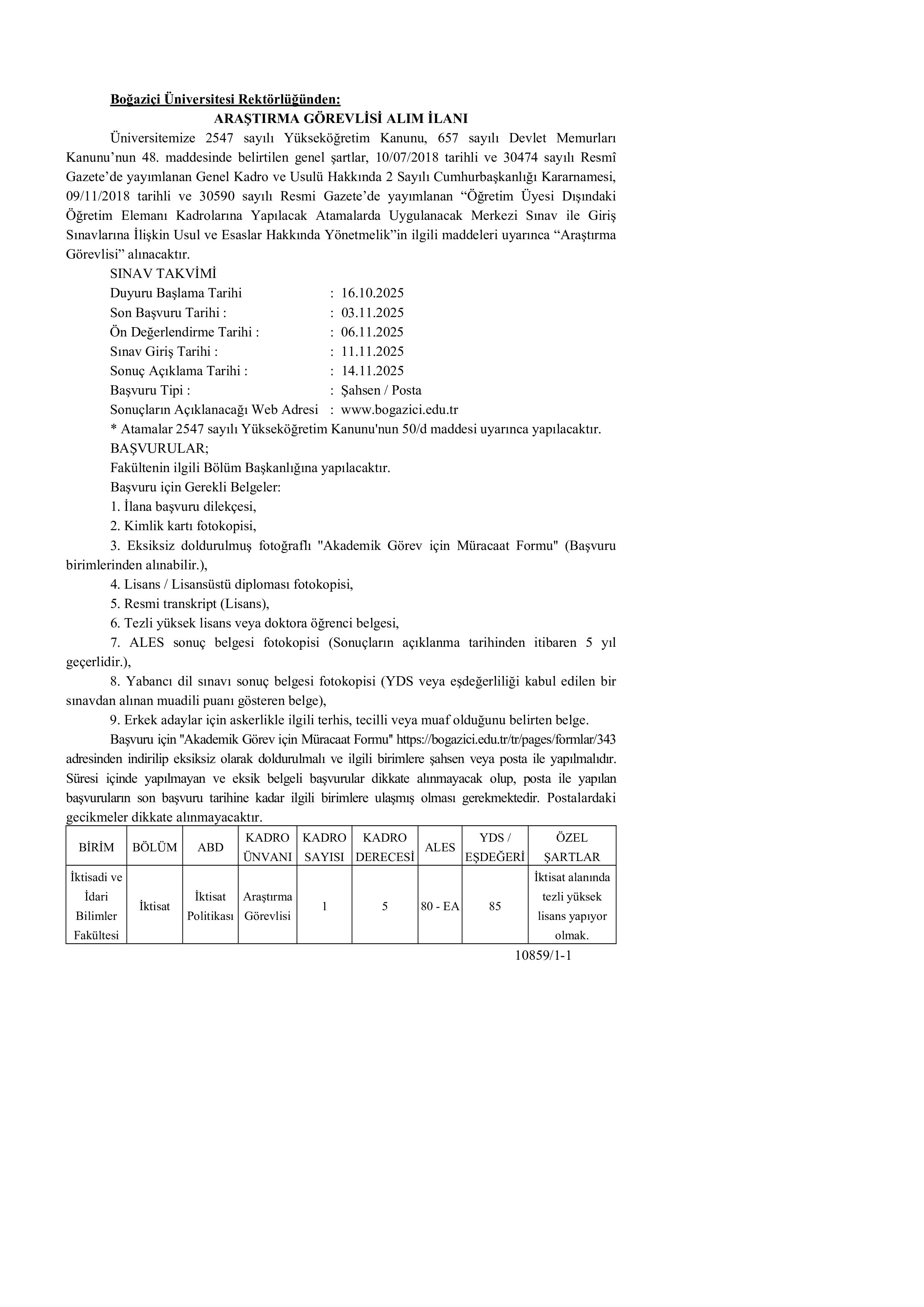 BOĞAZİÇİ ÜNİVERSİTESİ 1 ARAŞTIRMA GÖREVLİSİ  ALACAK ( 16 Ekim - 3 Kasım) İlan İçeriği Sayfa 1