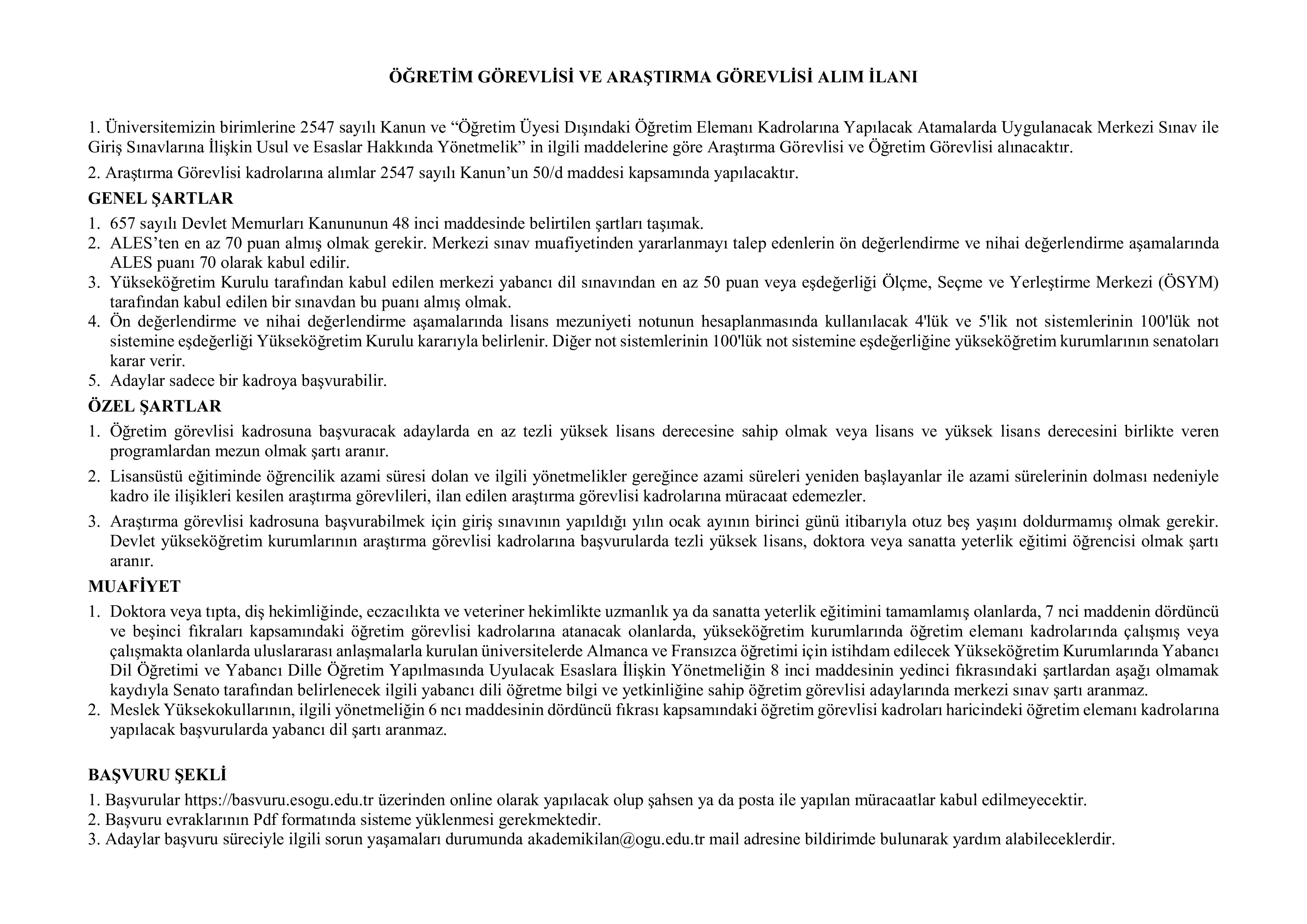 ESKİŞEHİR OSMANGAZİ ÜNİVERSİTESİ 7 ÖĞRETİM ELEMANI ALACAK ( 16 Ekim - 30 Ekim) İlan İçeriği Sayfa 1