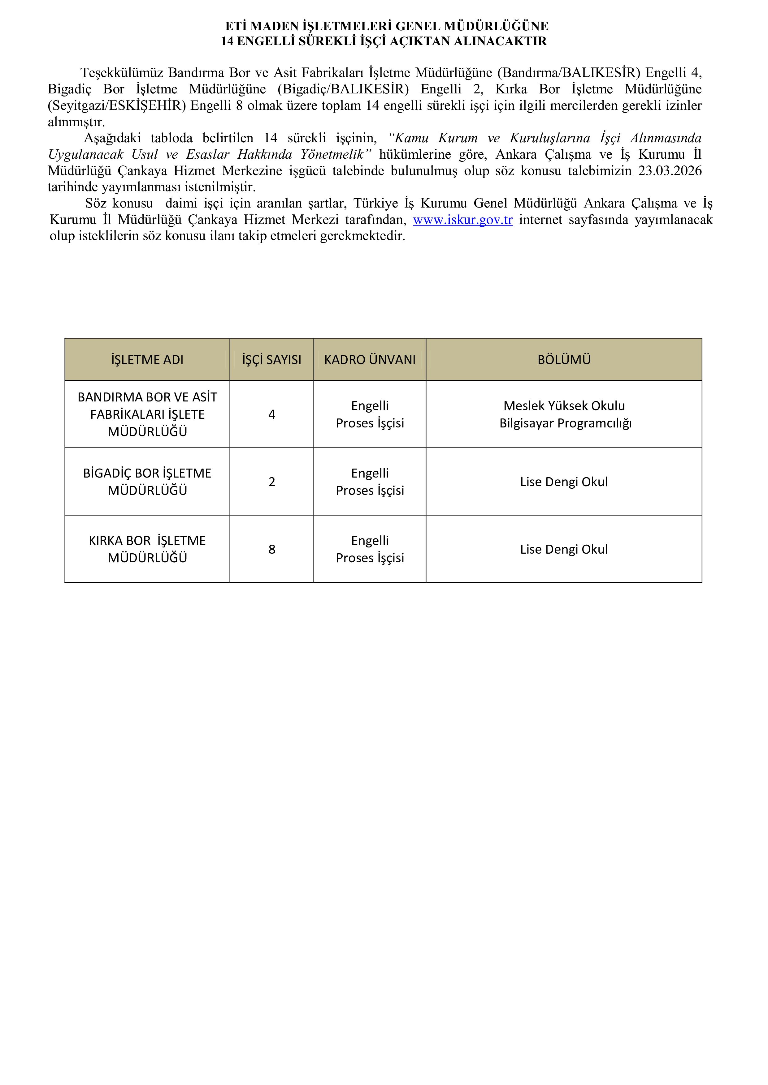 ETİ MADEN İŞLETMELERİ  GENEL MÜDÜRLÜĞÜ 10 ESKİ HüKüMLÜ İŞÇİ ALACAK ( 23 Mart - 27 Mart) İlan İçeriği Sayfa 1