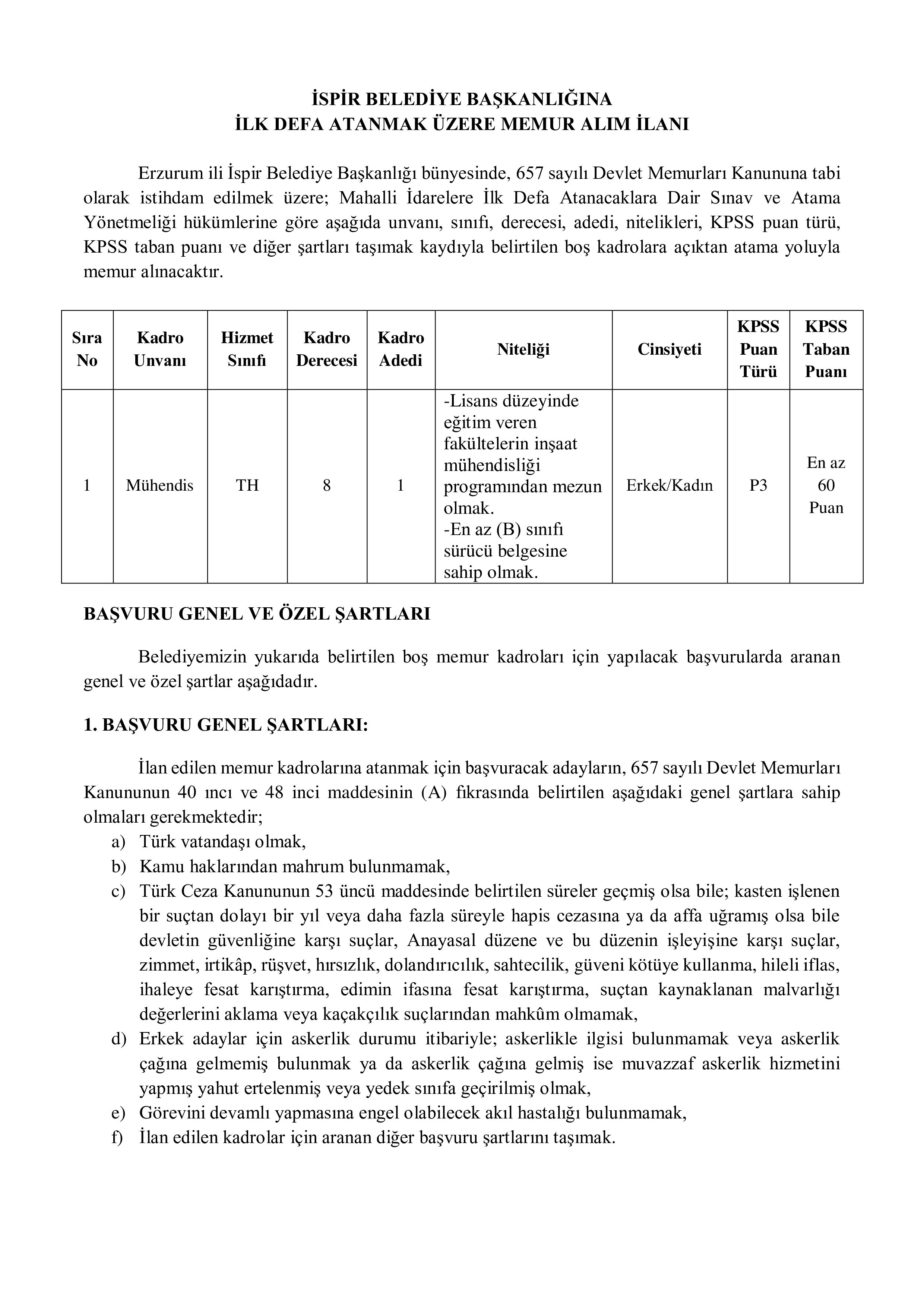 İSPİR BELEDİYE BAŞKANLIĞI 1 MEMUR ALACAK ( 2 Haziran - 4 Haziran) İlan İçeriği Sayfa 1