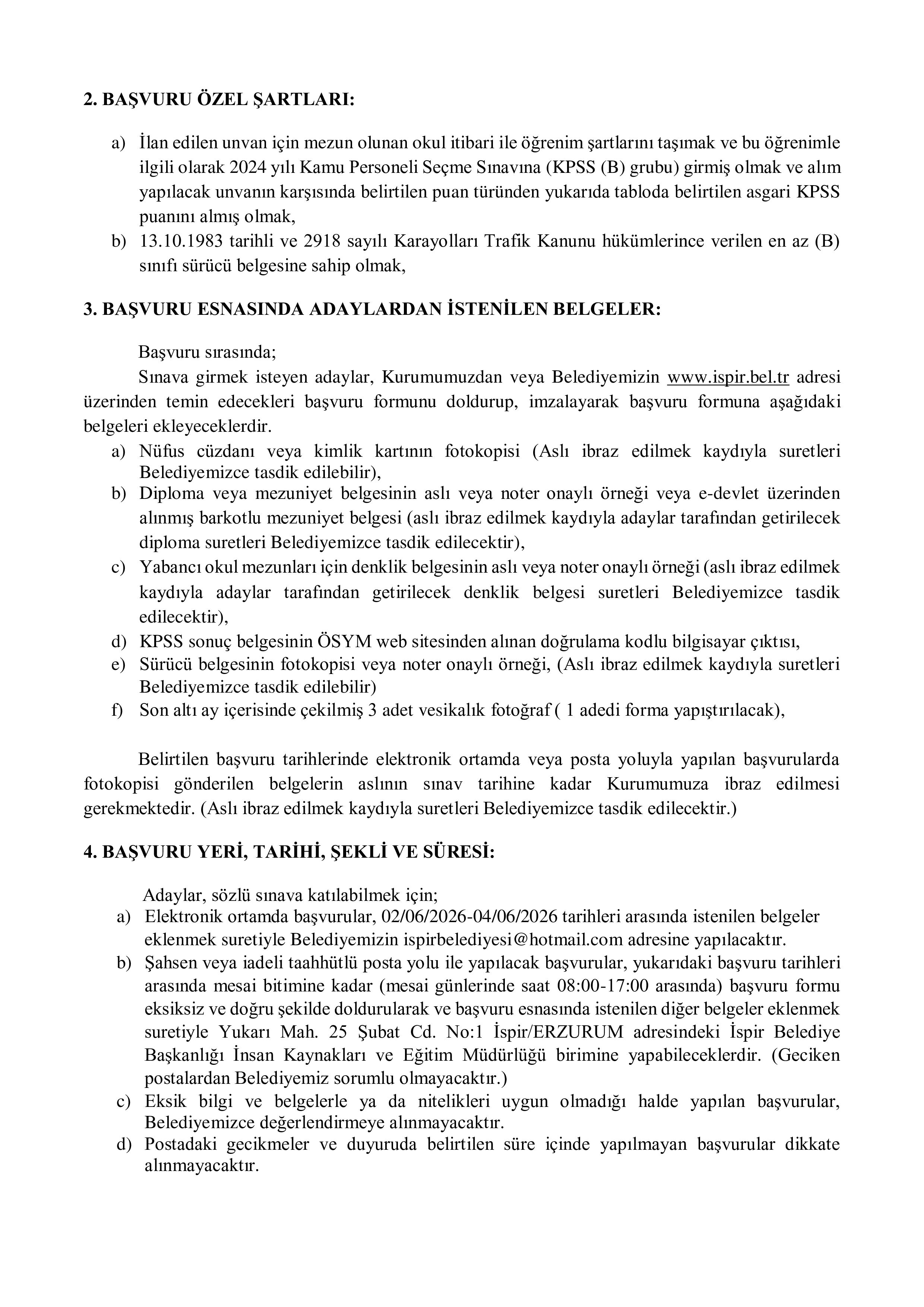 İSPİR BELEDİYE BAŞKANLIĞI 1 MEMUR ALACAK ( 2 Haziran - 4 Haziran) İlan İçeriği Sayfa 2