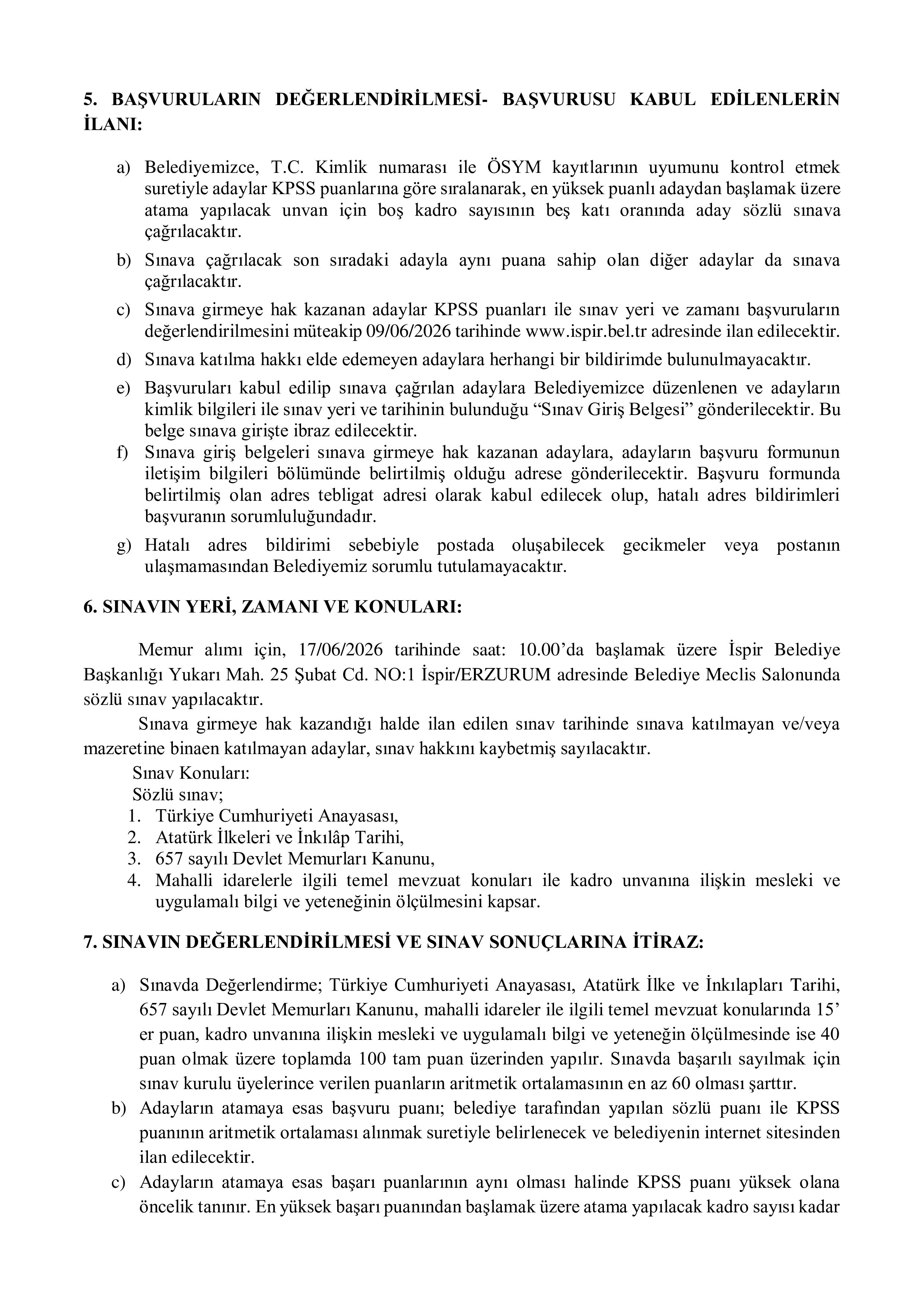 İSPİR BELEDİYE BAŞKANLIĞI 1 MEMUR ALACAK ( 2 Haziran - 4 Haziran) İlan İçeriği Sayfa 3