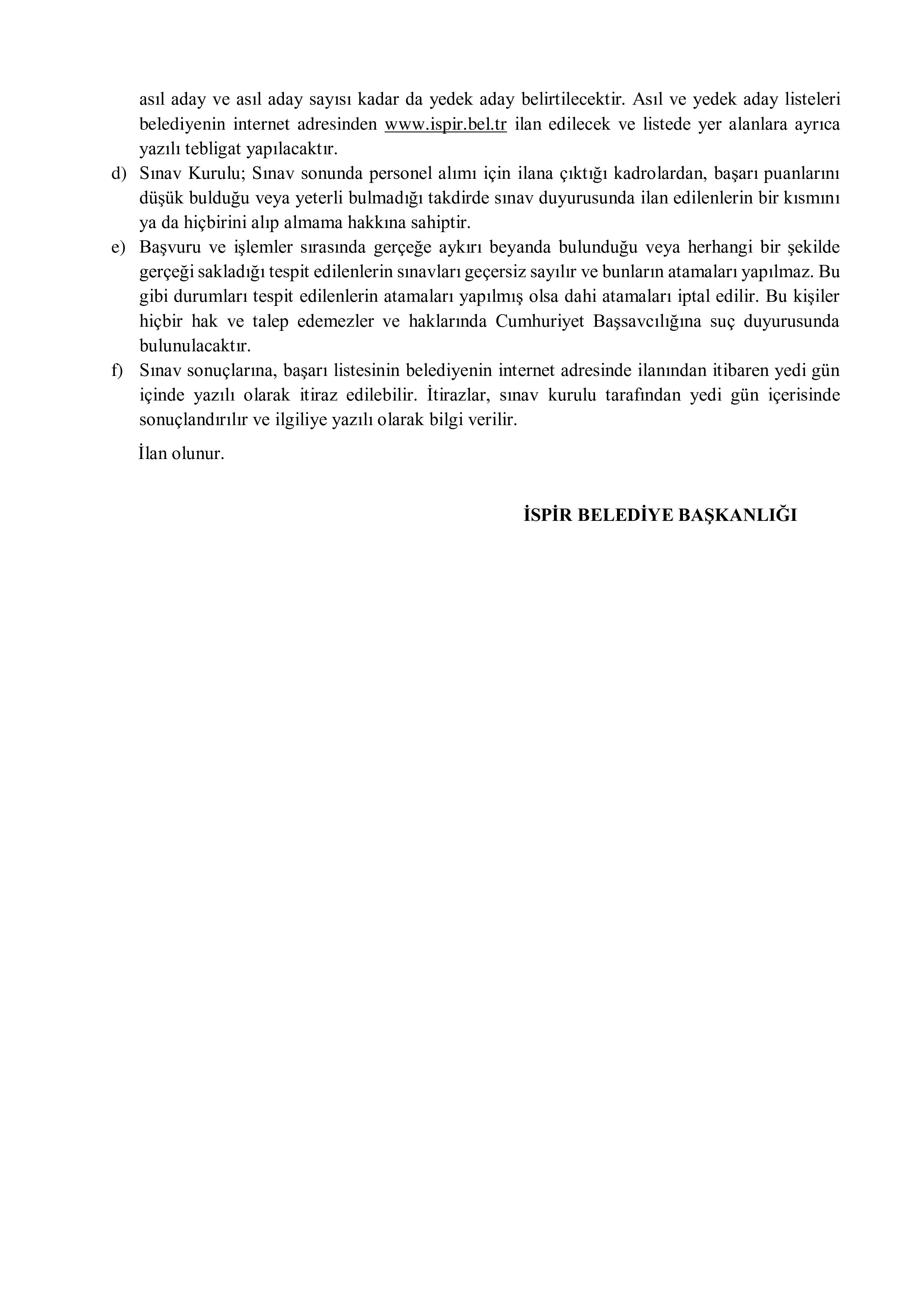 İSPİR BELEDİYE BAŞKANLIĞI 1 MEMUR ALACAK ( 2 Haziran - 4 Haziran) İlan İçeriği Sayfa 4