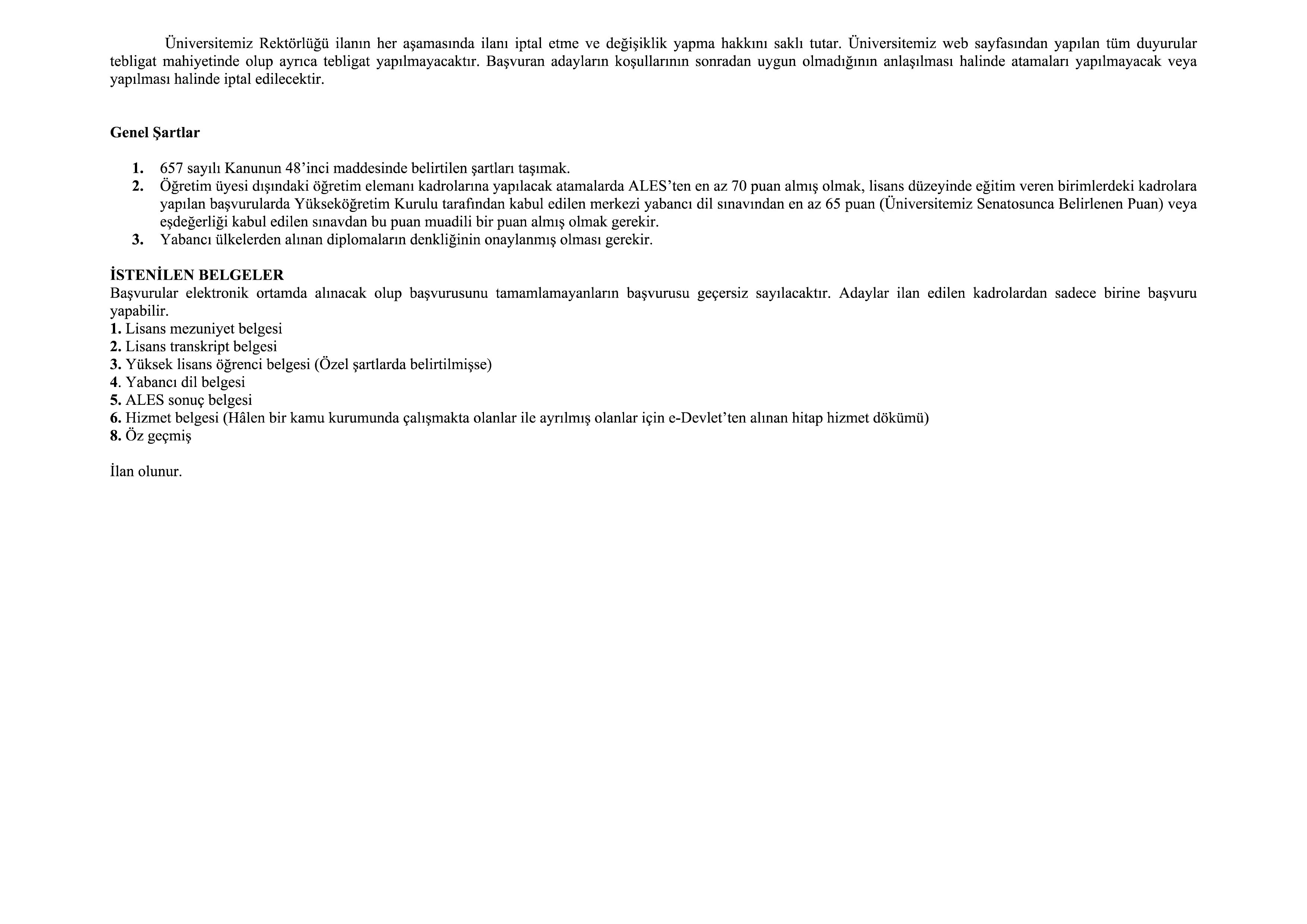 İlan İçeriği Sayfa 2 KARAMANOĞLU MEHMETBEY ÜNİVERSİTESİ 31 ÖĞRETİM ÜYESİ ALACAK ( 16 Nisan - 30 Nisan) İlan İçeriği Sayfa 2