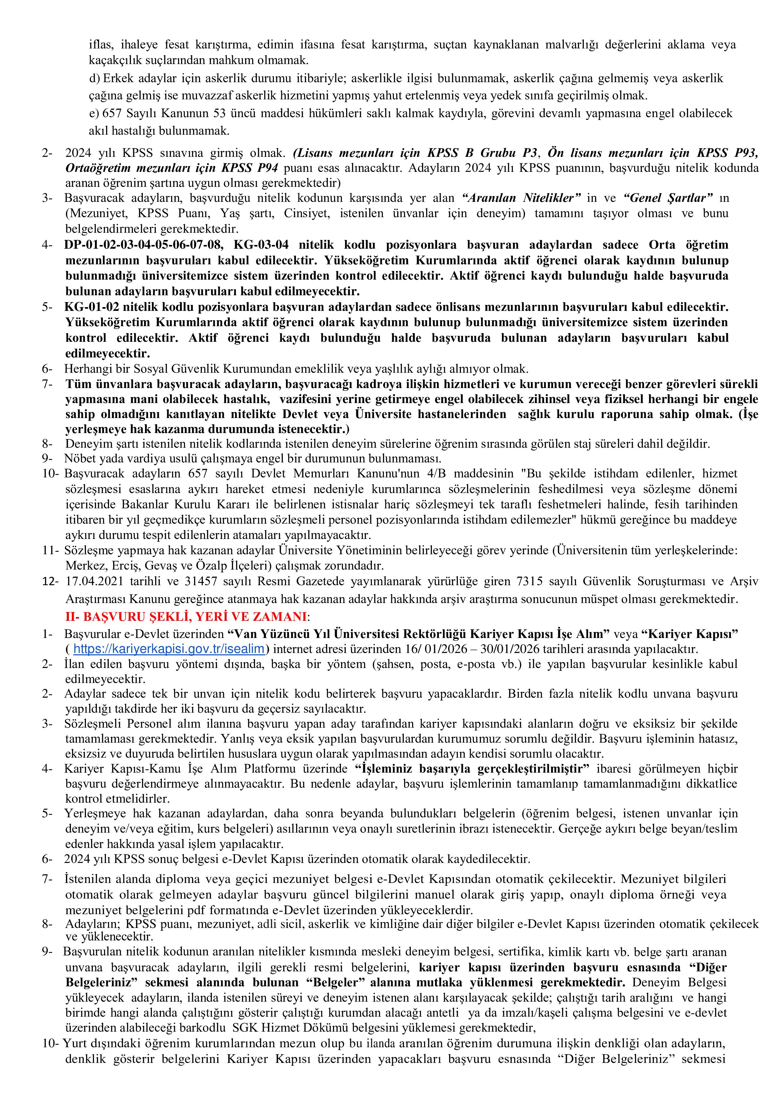 VAN YÜZÜNCÜ YIL ÜNİVERSİTESİ 219 SÖZLEŞMELİ PERSONEL ALACAK ( 16 Ocak - 30 Ocak) İlan İçeriği Sayfa 6