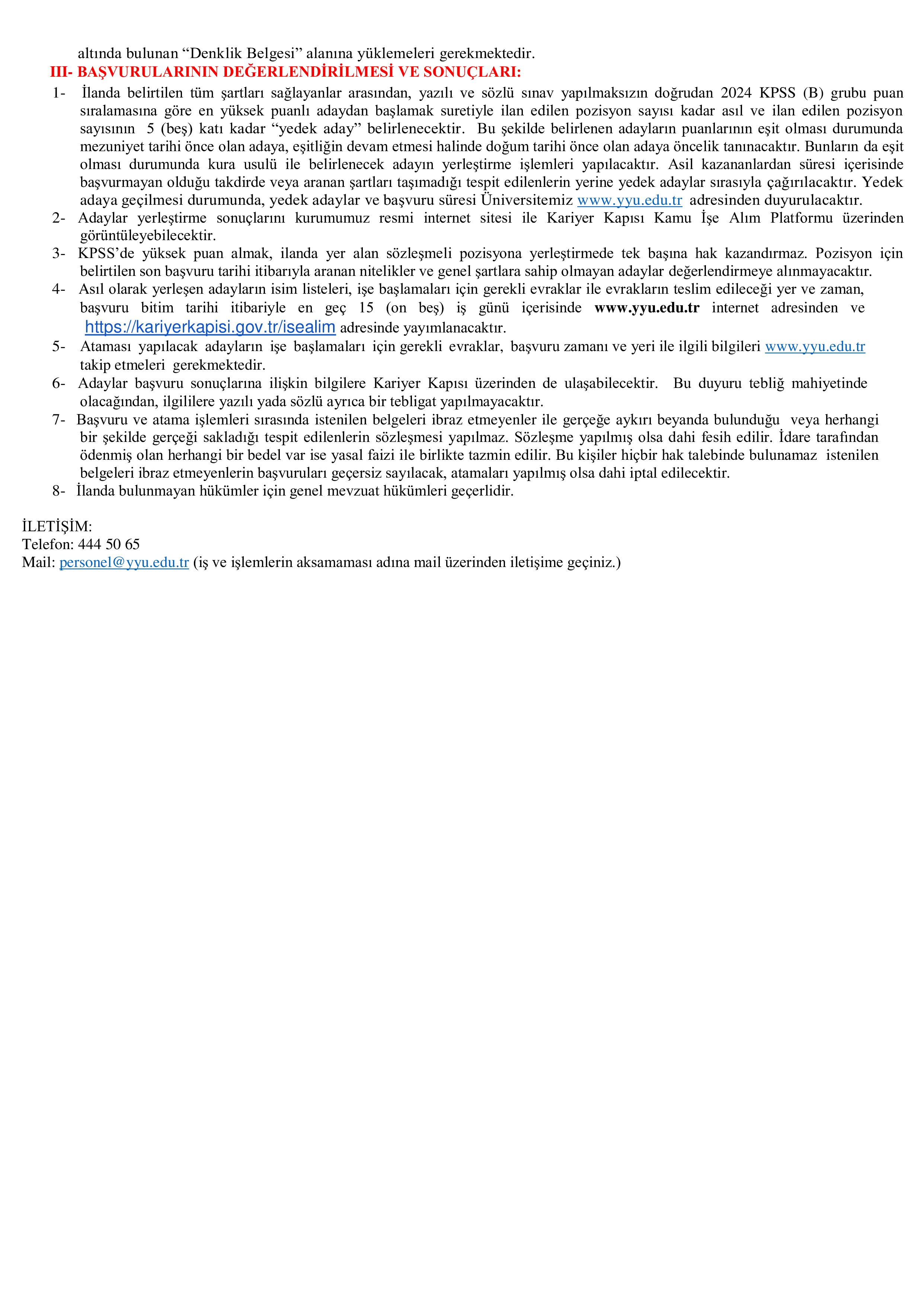 VAN YÜZÜNCÜ YIL ÜNİVERSİTESİ 219 SÖZLEŞMELİ PERSONEL ALACAK ( 16 Ocak - 30 Ocak) İlan İçeriği Sayfa 7