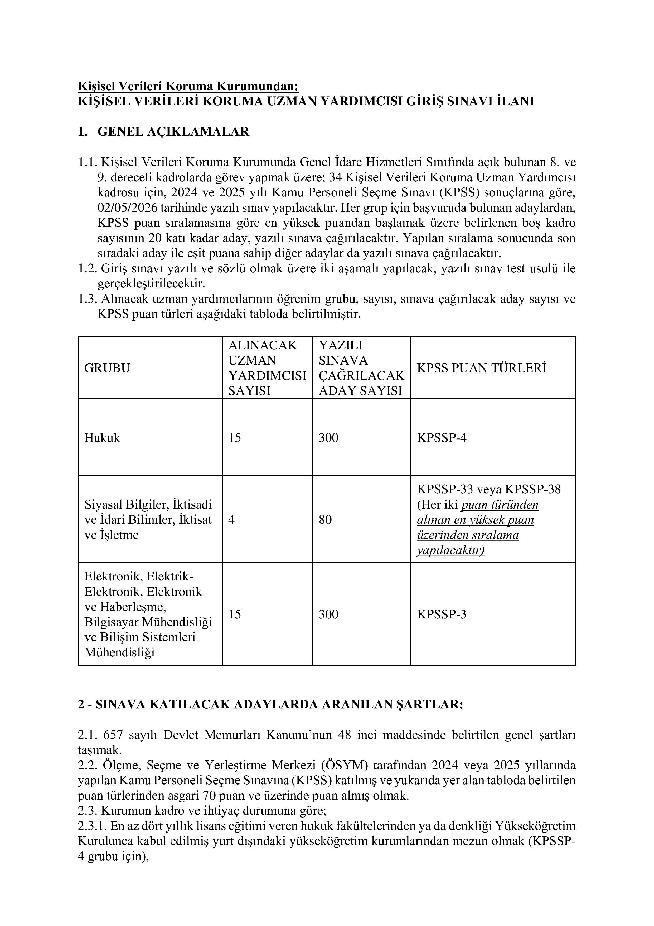 İlan İçeriği Sayfa 1 KİŞİSEL VERİLERİ KORUMA KURUMU 34 KİŞİSEL VERİLERİ KORUMA UZMAN YARDIMCISI ALACAK ( 23 Şubat - 5 Nisan) İlan İçeriği Sayfa 1
