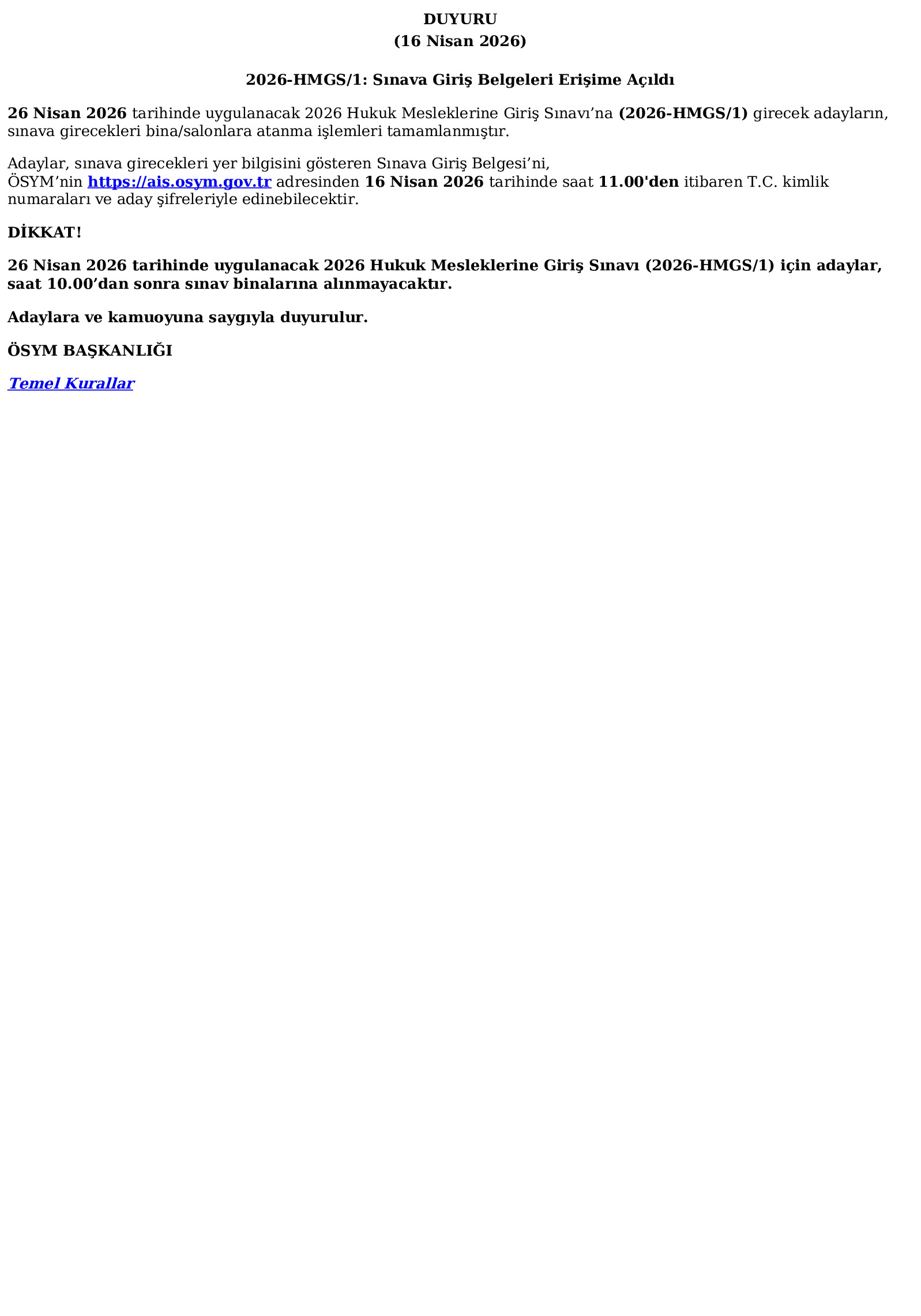 2026-HMGS/1: Sınava Giriş Belgeleri Erişime Açıldı (16.04.2026) Ösym Tarafından Yapılan Açıklama