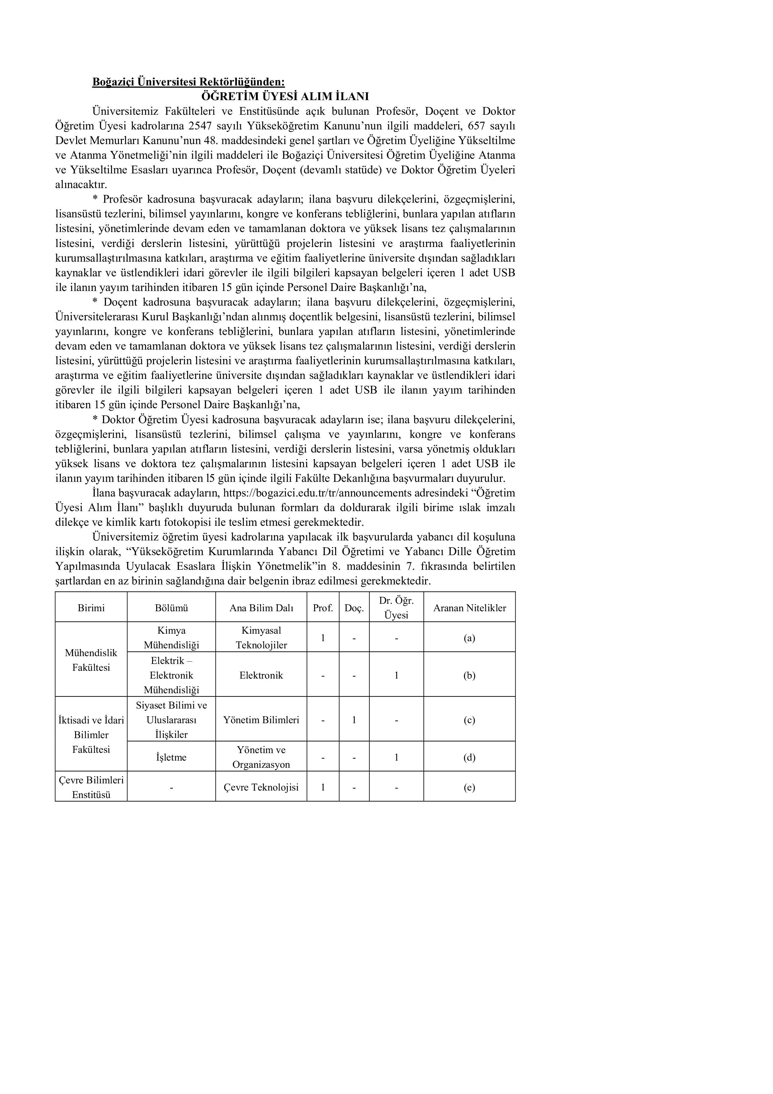 BOĞAZİÇİ ÜNİVERSİTESİ 5 ÖĞRETİM ÜYESİ ALACAK ( 17 Aralık - 31 Aralık) İlan İçeriği Sayfa 1