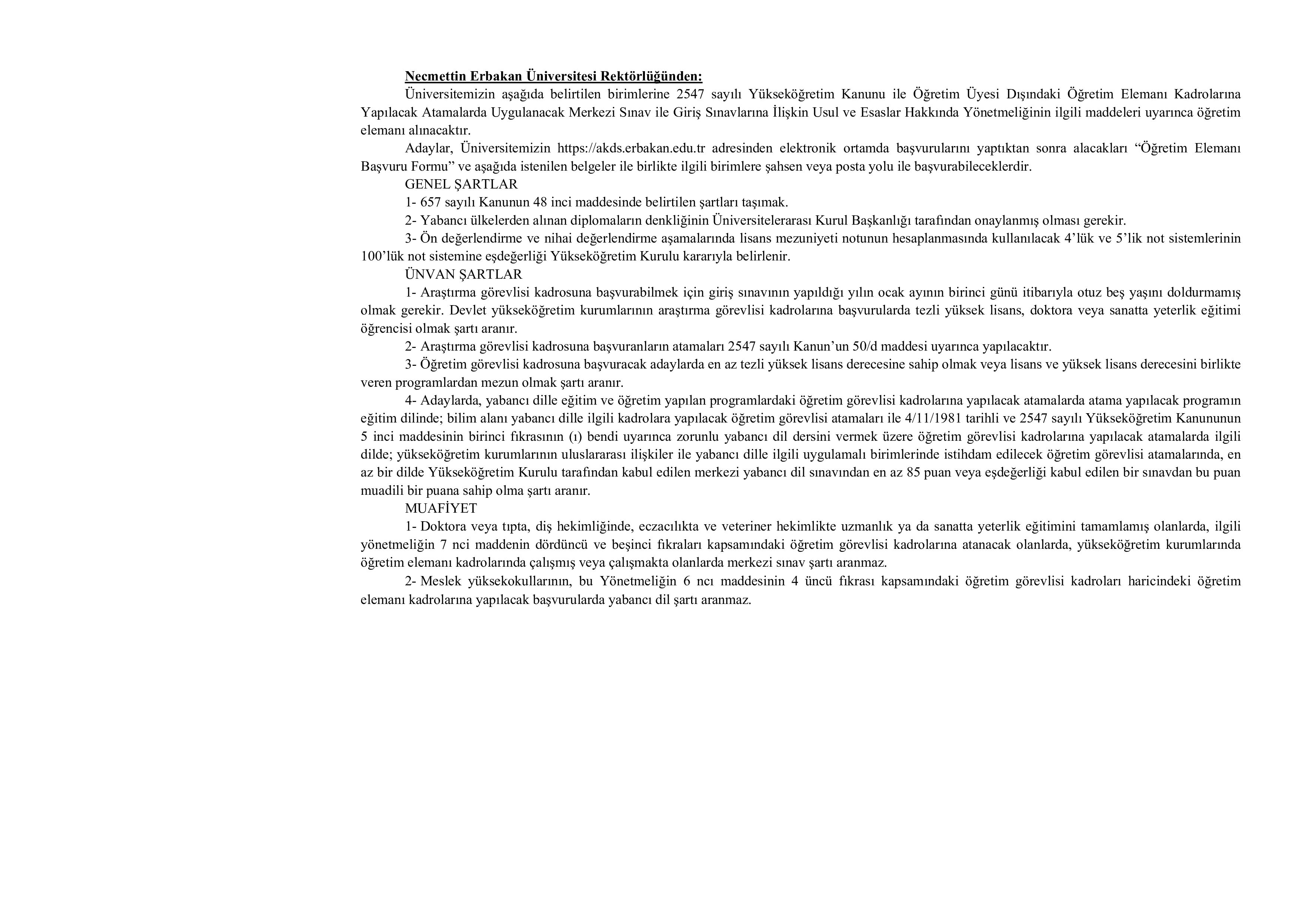 NECMETTİN ERBAKAN ÜNİVERSİTESİ 5 ADET ÖĞRETİM ELEMANI ALACAK ( 17 Aralık - 2 Ocak) İlan İçeriği Sayfa 1